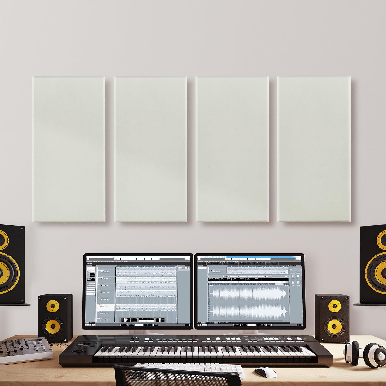 VEVOR Paneles Acústicos de Fibra de Vidrio, Paneles de Absorción de Sonido, Insonorizados Autoadhesivos, para Estudios, Oficinas, Cine en Casa, Salas de Reuniones, Beige, 600 x 300 x 50 mm, 4 uds