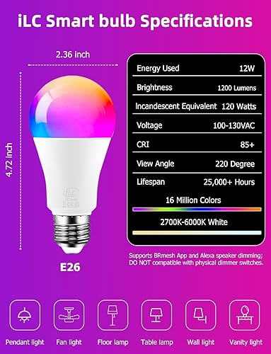 Miniatura 7 de ILC Bombillas inteligentes Alexa (equivalente a 120 W) compatibles con Alexa solamente, 1200 lúmenes, cambio de color, temperatura de color