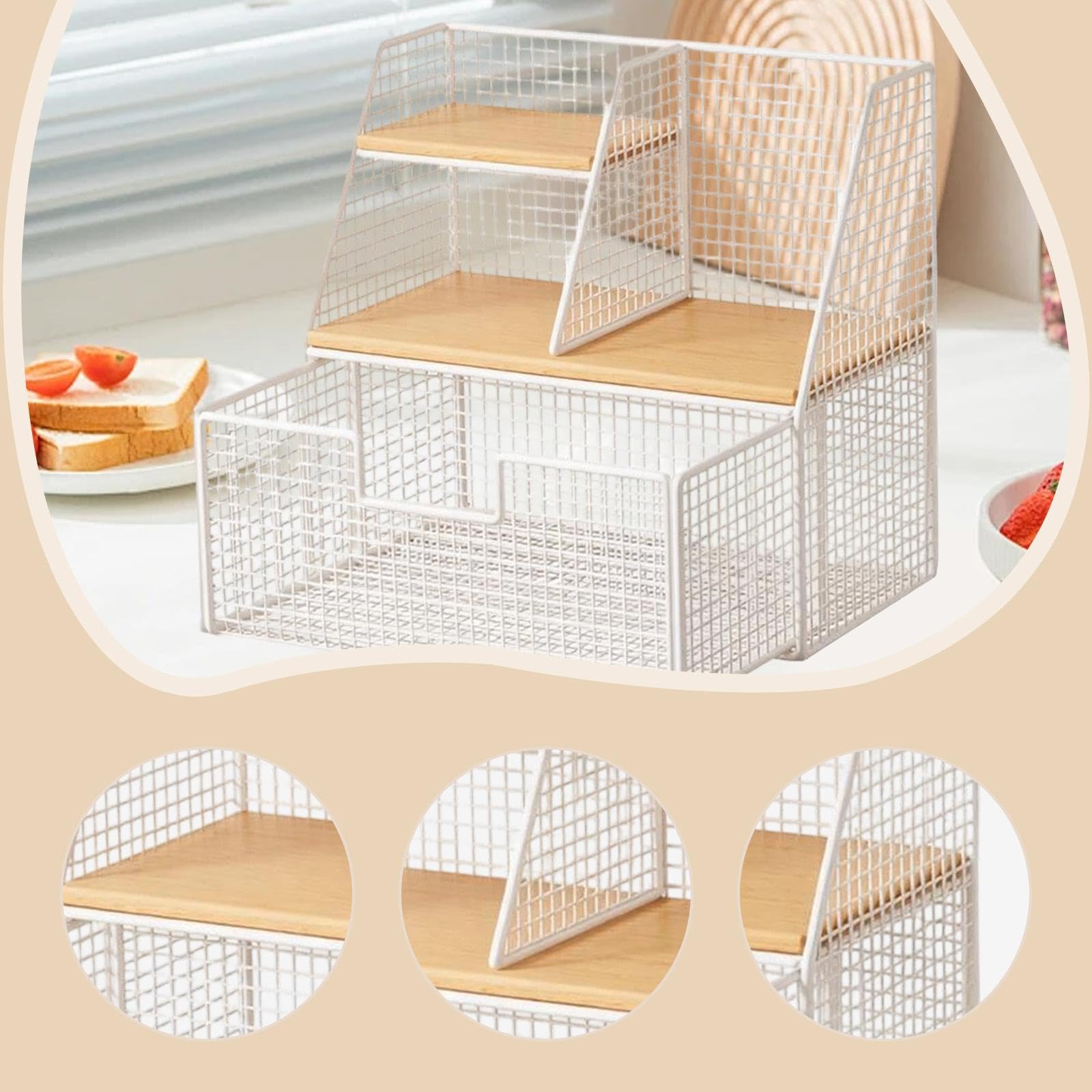 Qianly Organisateur de Sachets de Thé en Bois, Support de Rangement pour Sachets de Thé, Boîte de Rangement Compartimentée en Fer, White L