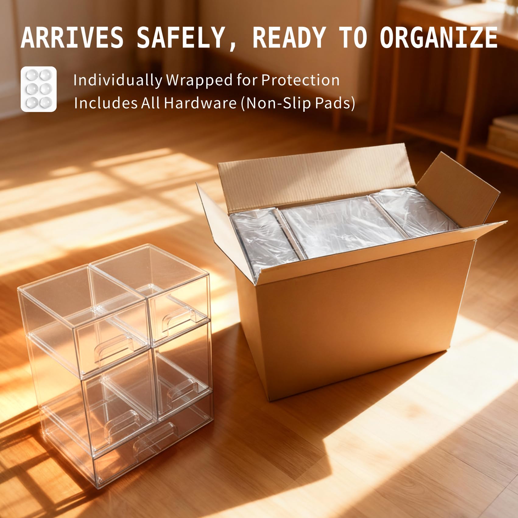 Schubladen-Organizer-Set aus Acryl, stapelbare Arbeitsplatte und Schrank, Aufbewahrung für Babyflaschen, Waschtisch und Speisekammer (5-teiliges Komplettset (2 S + 2 M + 1 L))