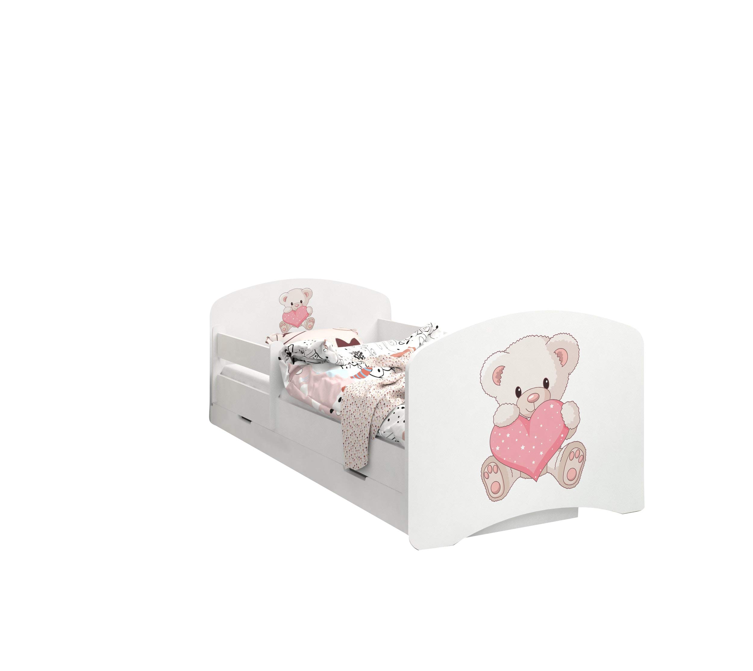Happy Babies - Dwustronne łóżko dziecięce z szufladą Nowoczesne wzornictwo z bezpiecznymi krawędziami i zabezpieczeniem przed upadkiem materac piankowy 7 cm. (190x90, 16. pluszowy miś z sercem)