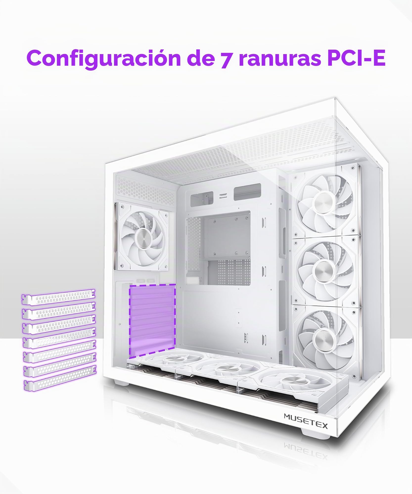 MUSETEX Y6 Caja PC ATX Torre Mediana, 7 Ventiladores PWM ARGB Espejo Infinito, Tipo-C, Cristal Templado 270°, Blanco