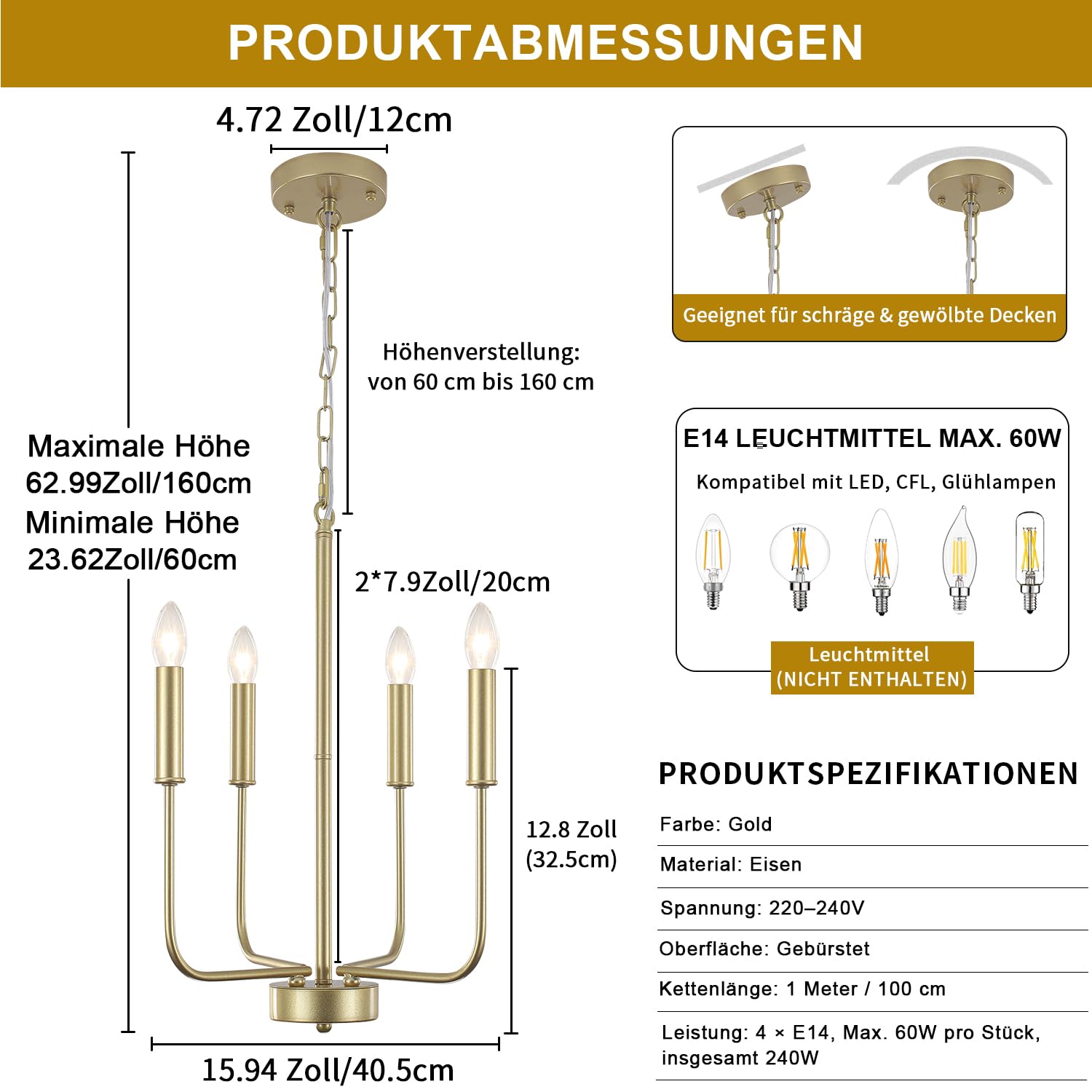 Kronleuchter Gold 4 Flamming Kronleuchter Modern Deckenleuchte Wohnzimmer | Deckenleuchte Kronleuchter Vinatge Pendelleuchte Modern Hängeleuchte für Esstisch Küche Schlafzimmer, Höhenverstellung, E14