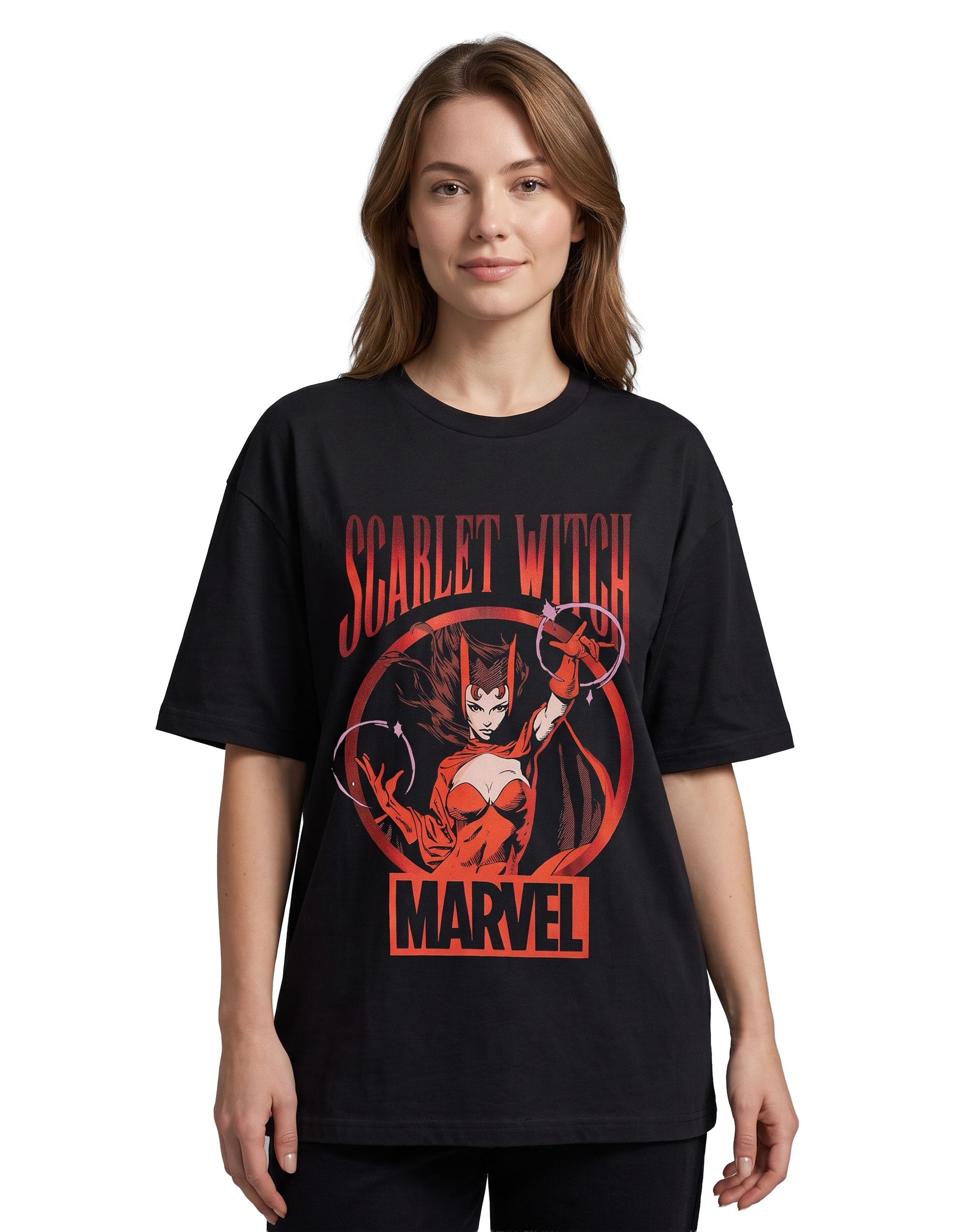 Marvel Scarlet Witch Black Graphic Tee | Women's Short Sleeve Crew Neck T-Shirt | Classic Comics Inspired Apparel Character Design | Casual Wear Top for Fans & Collectors