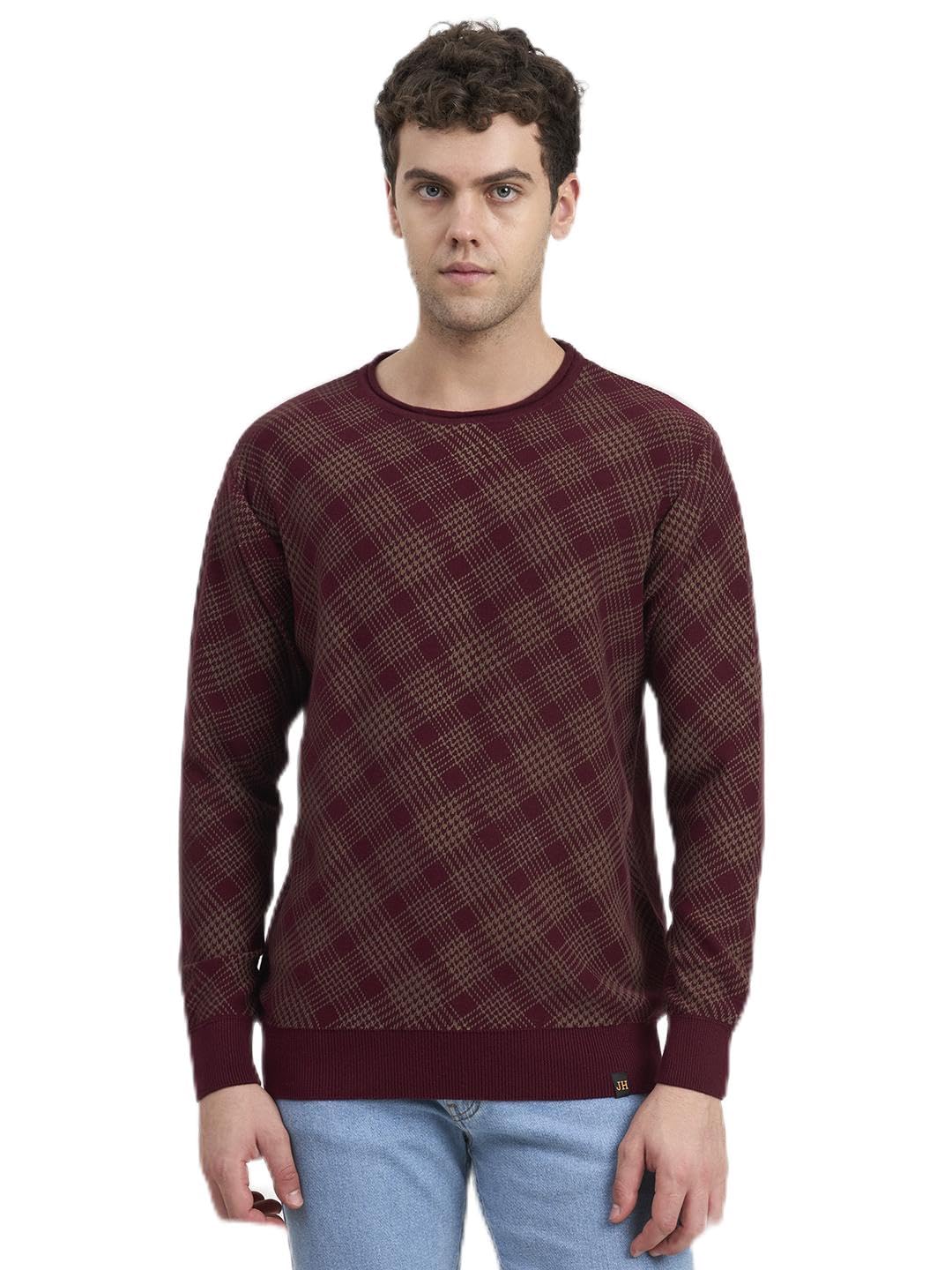 Men's Checked Sweatshirt, Maroon Round Neck Full Sleeve-picture-21