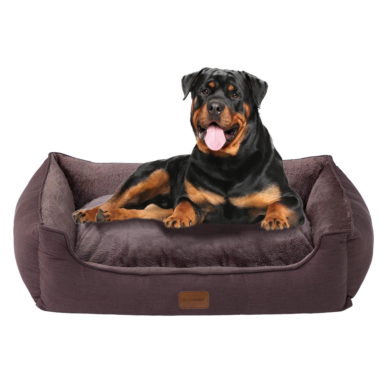 OUPEIWAWA Orthopaedic Dog Bed for Medium and Large Dogs, 84 x 66 x 19 cm, Super Soft and Cosy, Dog Basket with High Edge, Removable & Washable Cover, Non-Slip, Dark Brown, Indoor/Car