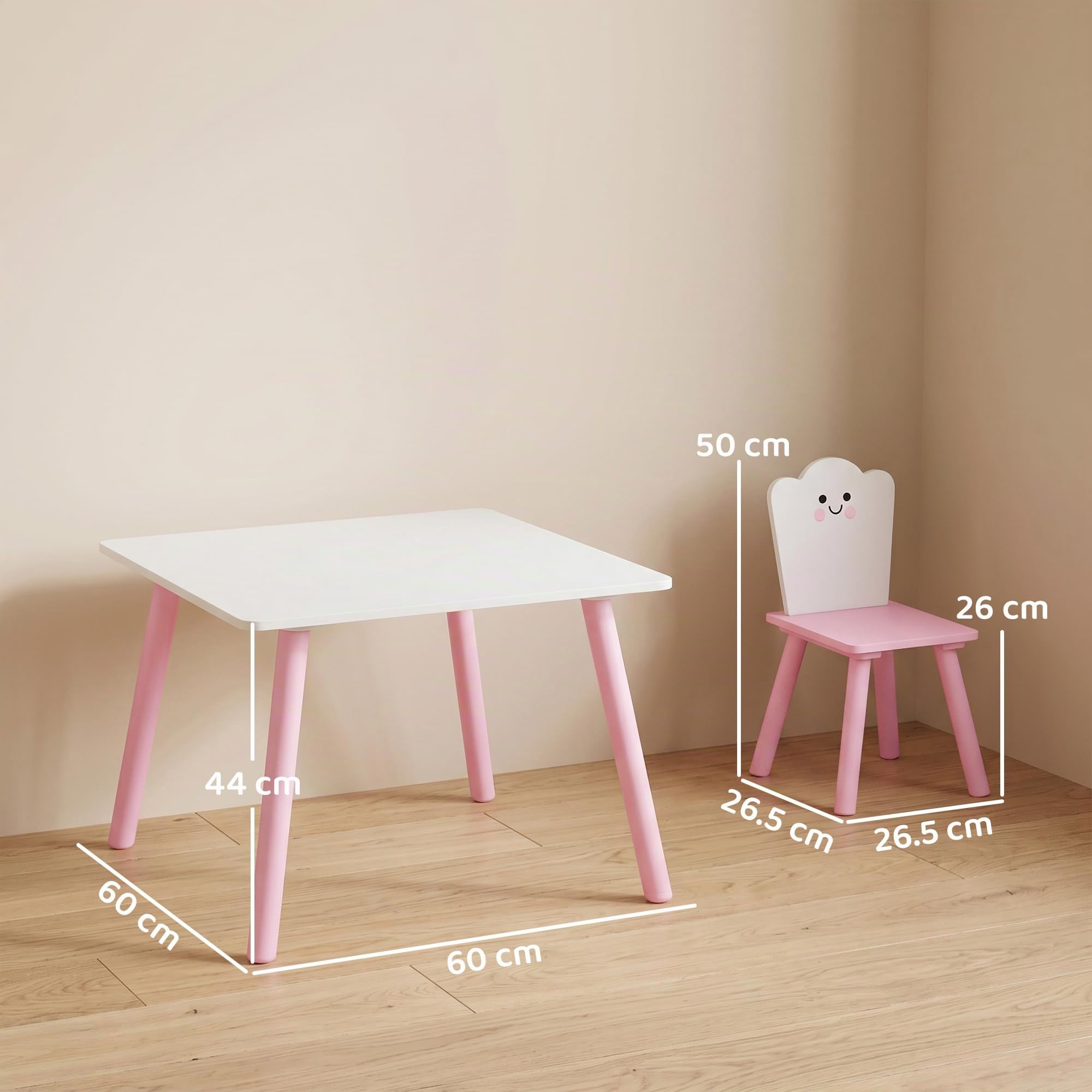 AIYAPLAY Set Tavolo e 2 Sedie per Bambini 3-6 Anni Zucchero Filato Rosa | Legno di Pino e MDF, Tavolino per Bambini con Sedie, Angoli Arrotondati, per Cameretta