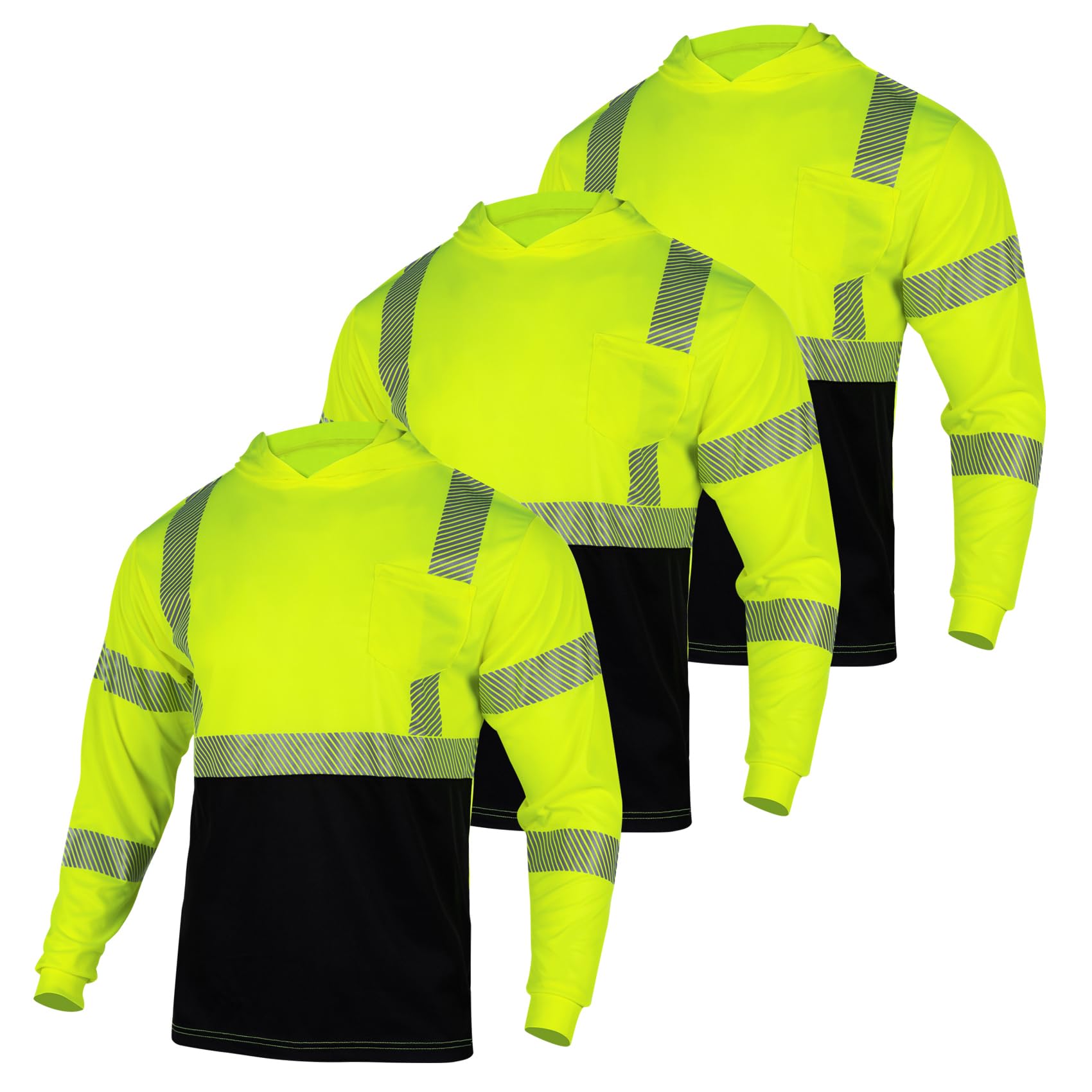VENDACE 3pcs Safety Reflective High Visibility Long Sleeve ANSI Class 3 Hi Vis Construction Work T Shirts for Men with Hood