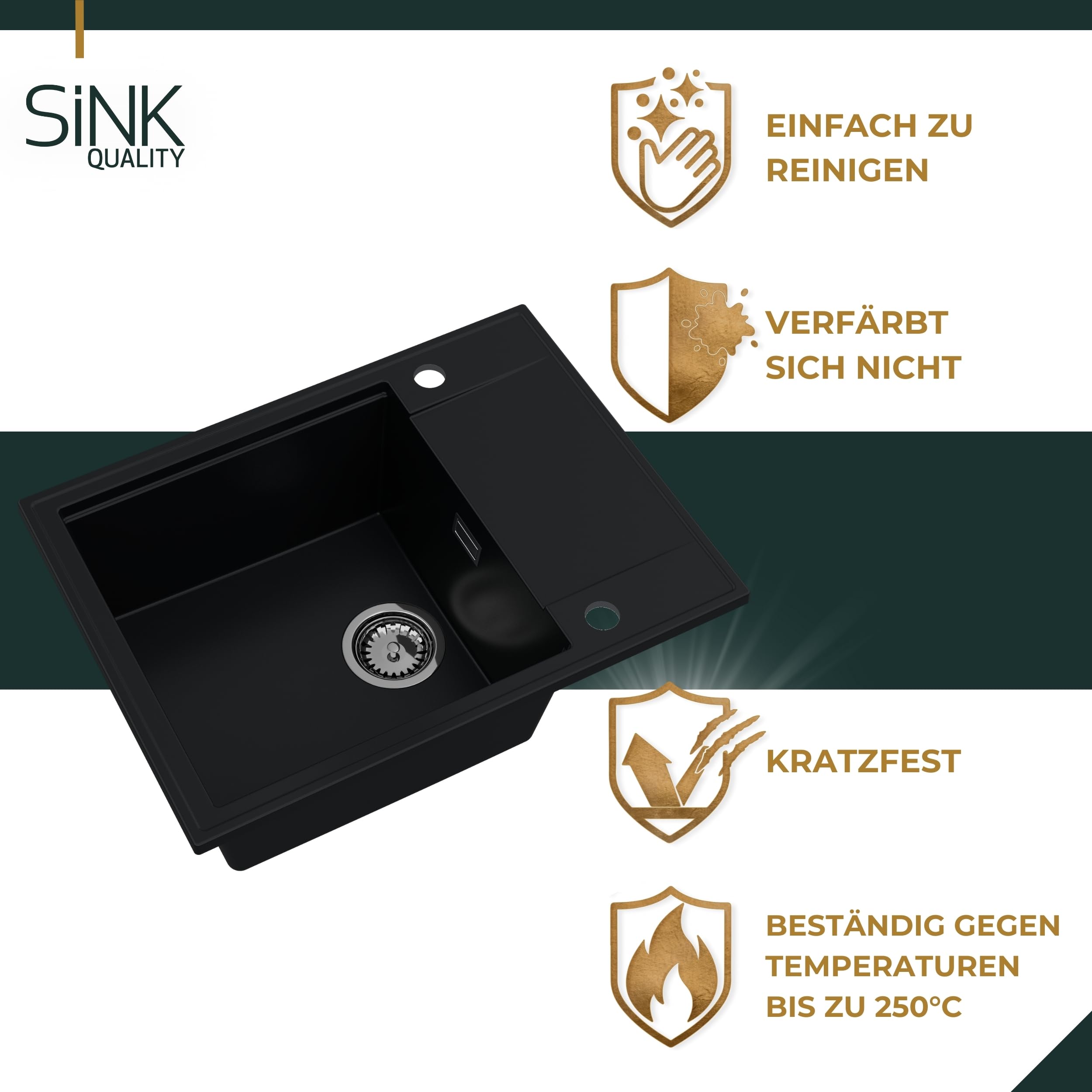 SINK QUALITY zlewozmywak szary z zestawem armatury 62x46 cm - Zlewozmywak z kranem, syfon PUSH, ociekacz, środek impregnujący - Kompletny zestaw zlewozmywaka kuchennego do szafki dolnej 55