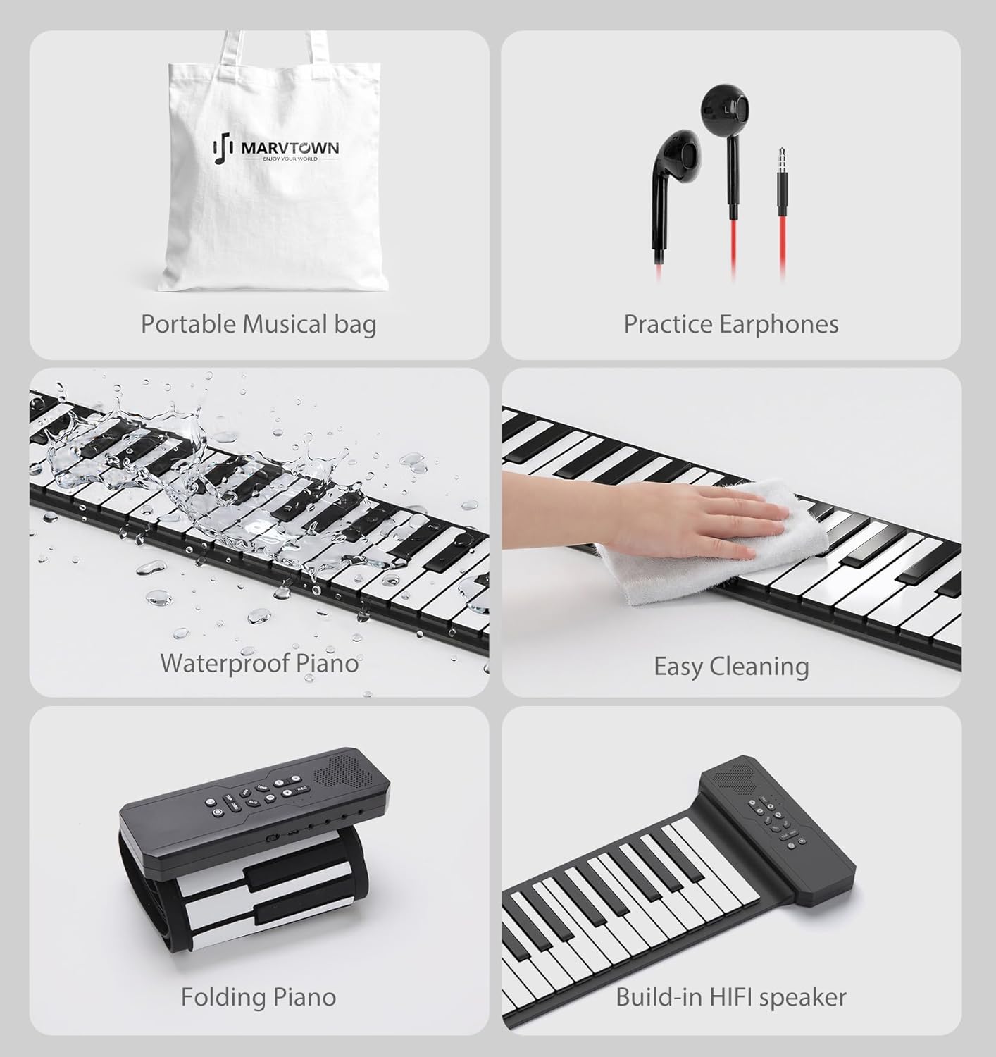 MARVTOWN 88Keys Portable Flexible Roll Up Piano Keyboard,Folding Electric Keyboard Piano with HIFI Speaker&108Demo&128Tones&Earphone,Rechargeable Foldable Piano For beginners travelling&learning