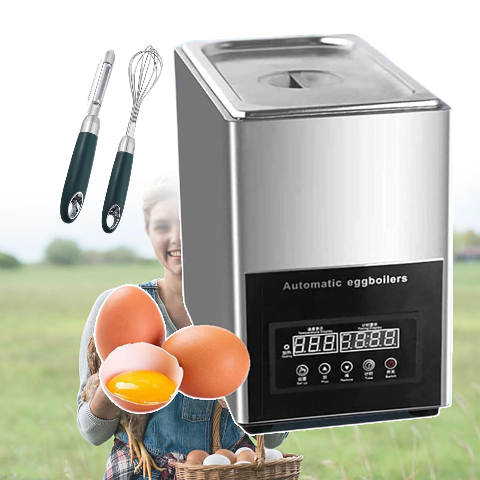 Cuiseur À Œufs Professionnel 800W / Cuiseur À Œufs Électrique en Acier Inoxydable 9L Grande Capacité/Cuiseur À Œufs Automatique Appareil À Omelette pour Commercial (avec Écran LCD)