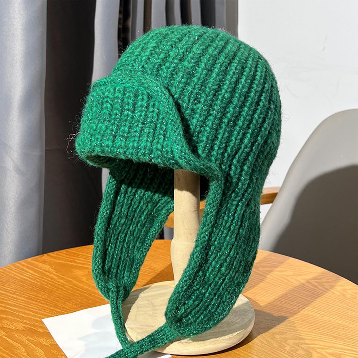 Knitted Trapper Hat Winter Knit Earflap Woman Crochet Russian Bomber Hat for Women Men, Green