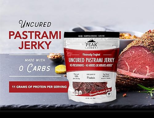 Miniatura 3 de Peak Original Pastrami Jerky (paquete de 5)  Cecina sin curar hecha con 100% carne de res alimentada con hierba, sin ingredientes artificiales, sin