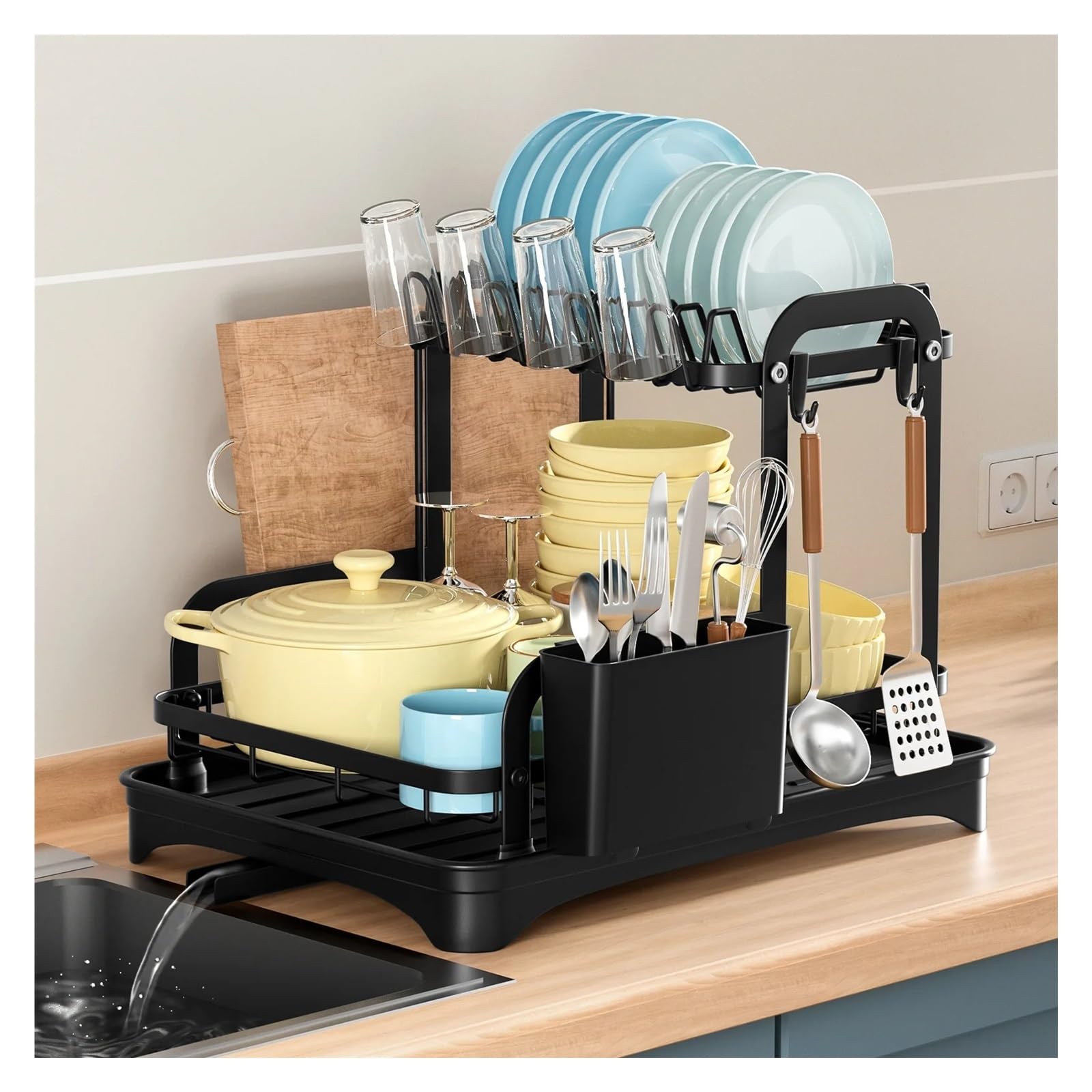 Égouttoir à vaisselle à 2 niveaux, support de rangement, organisateur de cuisine avec panier de vidange, égouttoir de vaisselle de comptoir(Black)