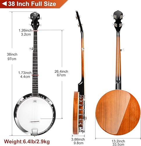 Miniatura 8 de Vangoa Banjo - Kit de 5 cuerdas de tamaño completo para principiantes, cabeza Remo, resonador de caoba, banjo cerrado con bolsa premium para