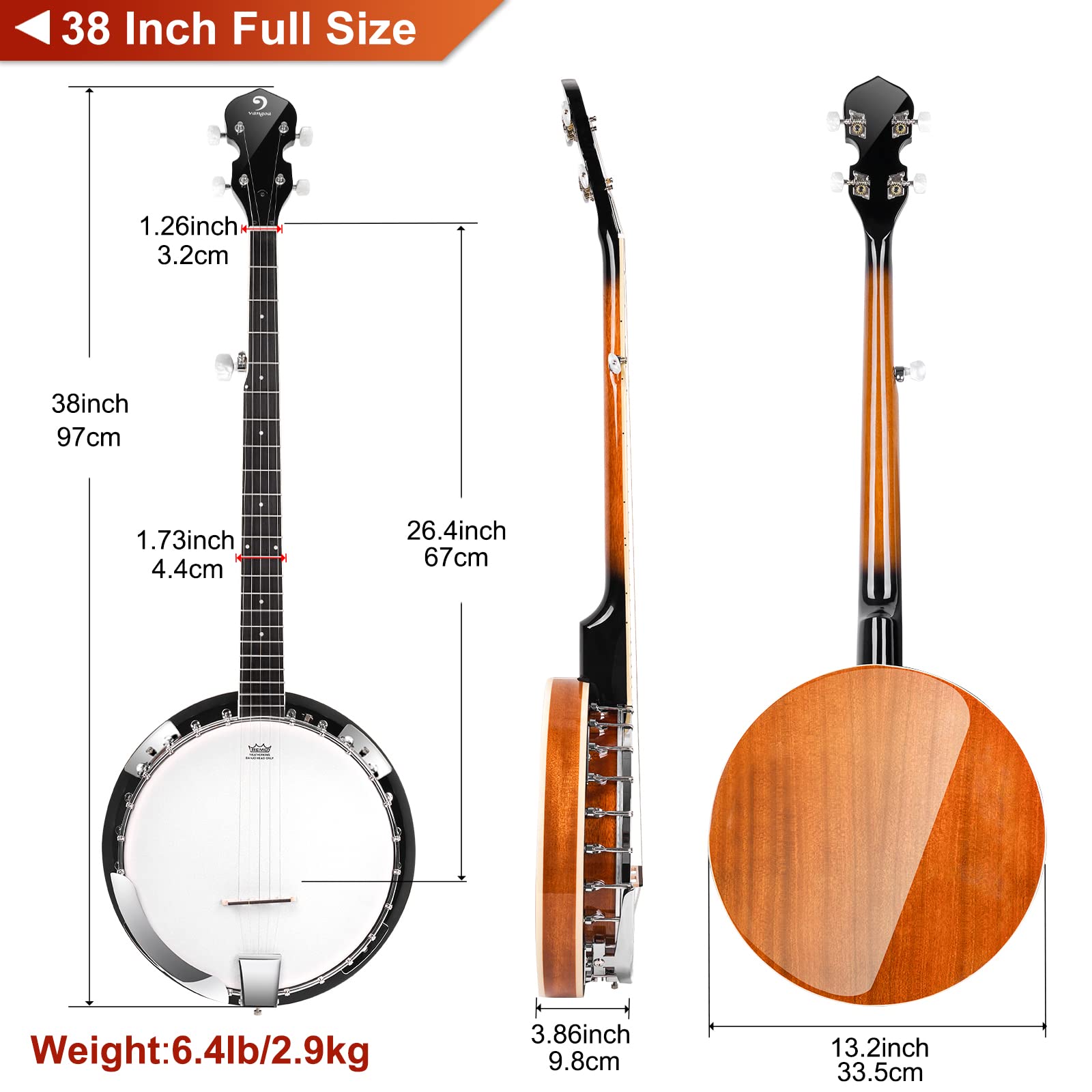 Vangoa 5 Saiten Banjo Remo Kopf geschlossen Solid Back