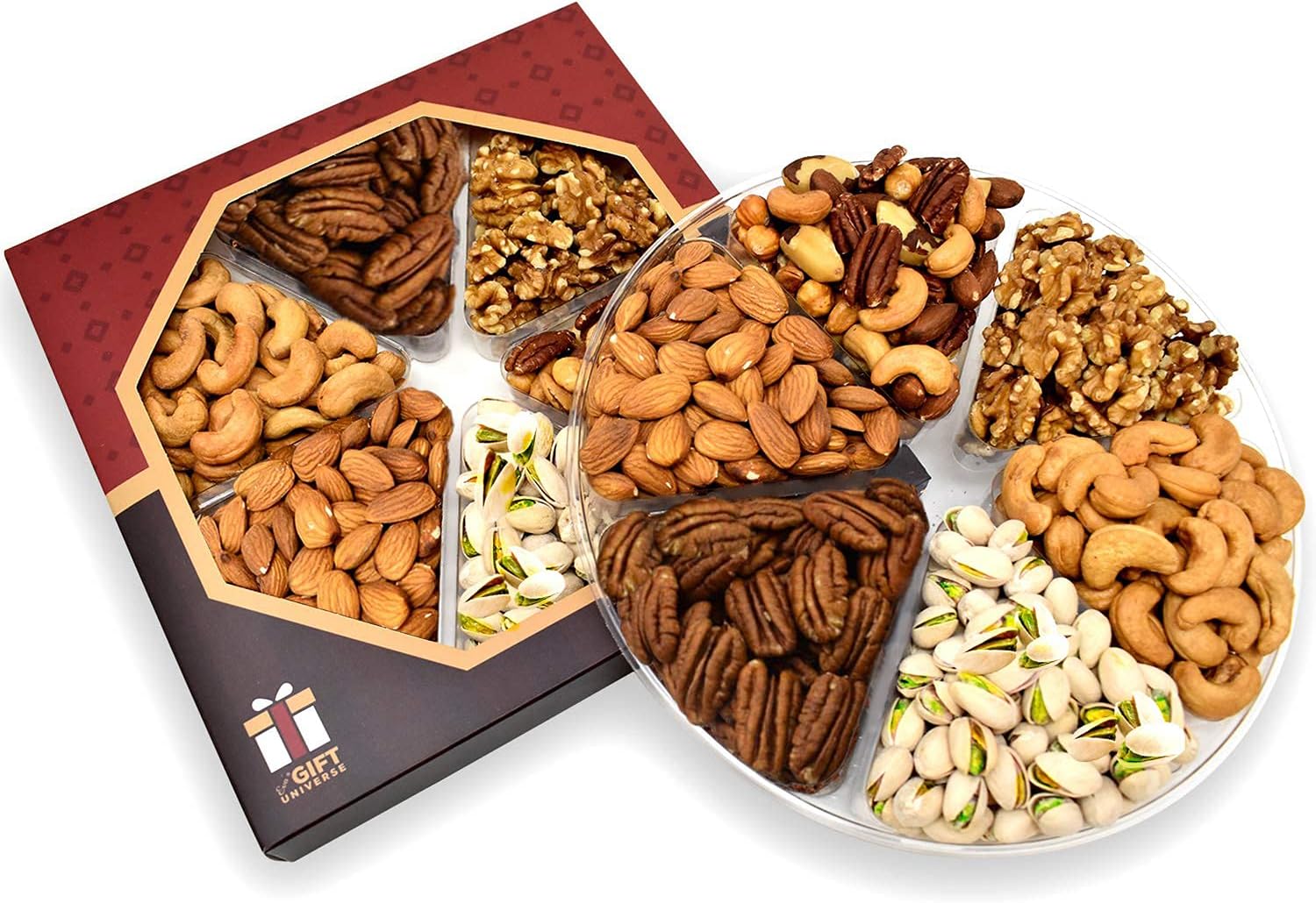 Gift Nut Tray Basket, Roasted Nut Variety Fresh Assortment Tray, California Pistachio, Mix Nut, Walnut, Cashew, Almond and Pecan Gourmet Food Nut Baskets, 1.3 Lbs