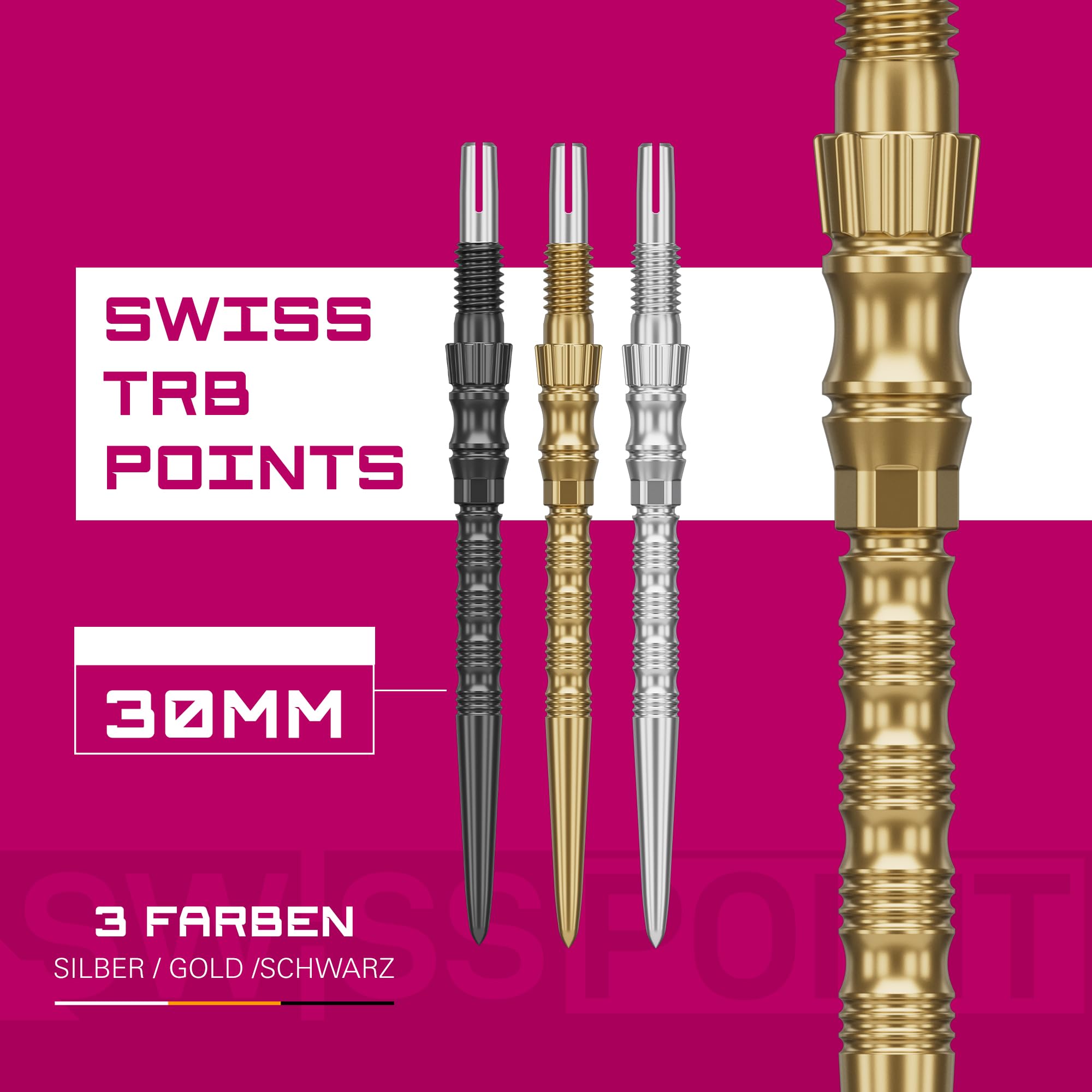 Target Darts Signature Swiss Point TRB | 3er-Set Spitzen | 30 mm/35 mm/42 mm – Gold/Silber/Schwarz | Dartspitzen austauschen, Swiss Point-Technologie, professionelles Dartzubehör