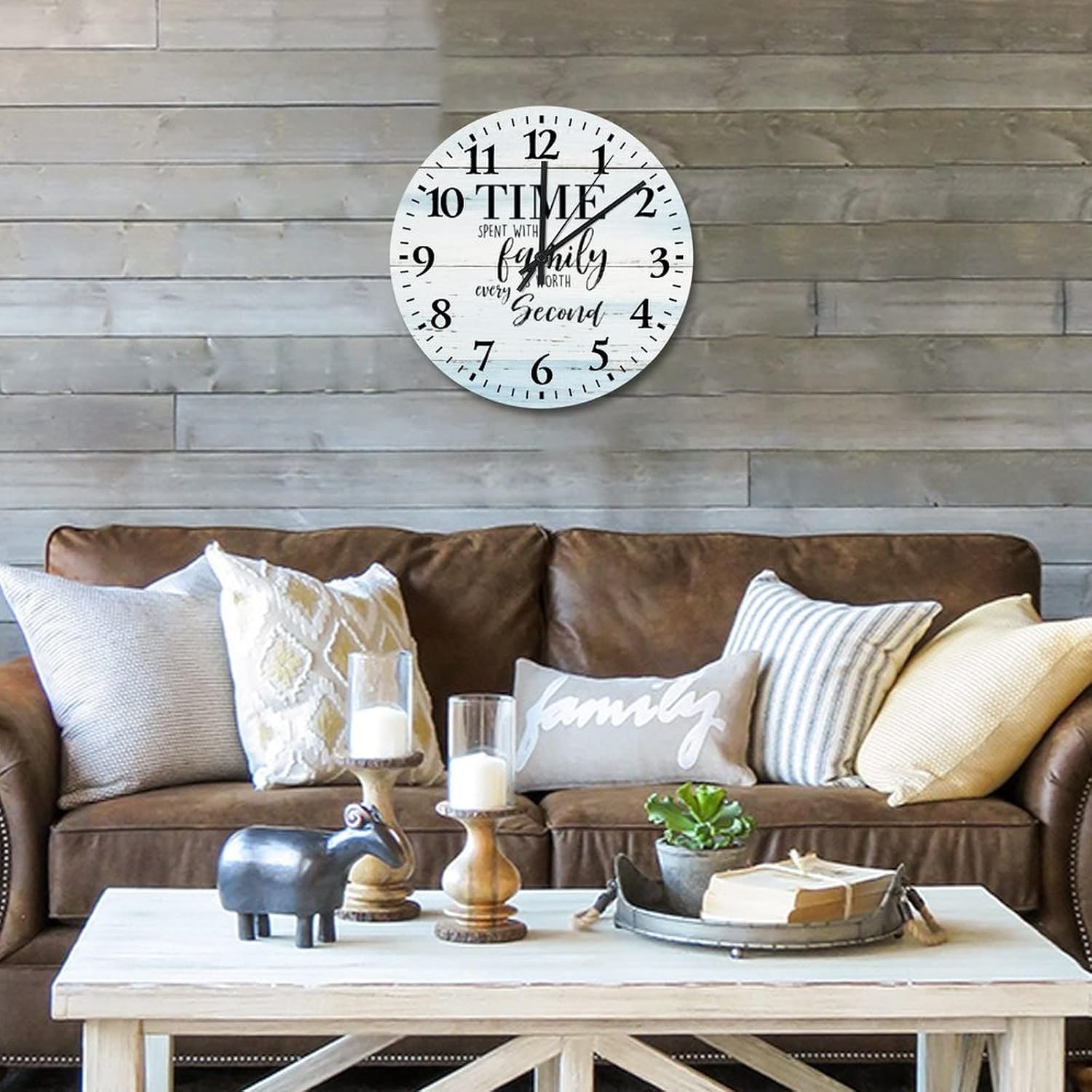 Wall Clock Time Spent with Family is Worth Every Second Indoor Wall Clocks Battery Operated Quartz Quiet Arabic Numeral Family Positive Saying Round Clock for Living Room 15 Inch