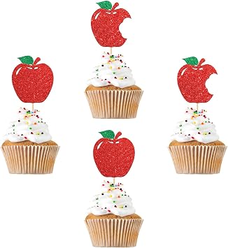 Fruit Apple Cupcake Toppers - Fruit Theme Baby Shower Cupcake Supplies - Kid Boy Girl Apple Birthday Dessert Decor - Wedding Party Cupcake Decorations - 24PCS Glitter Apple