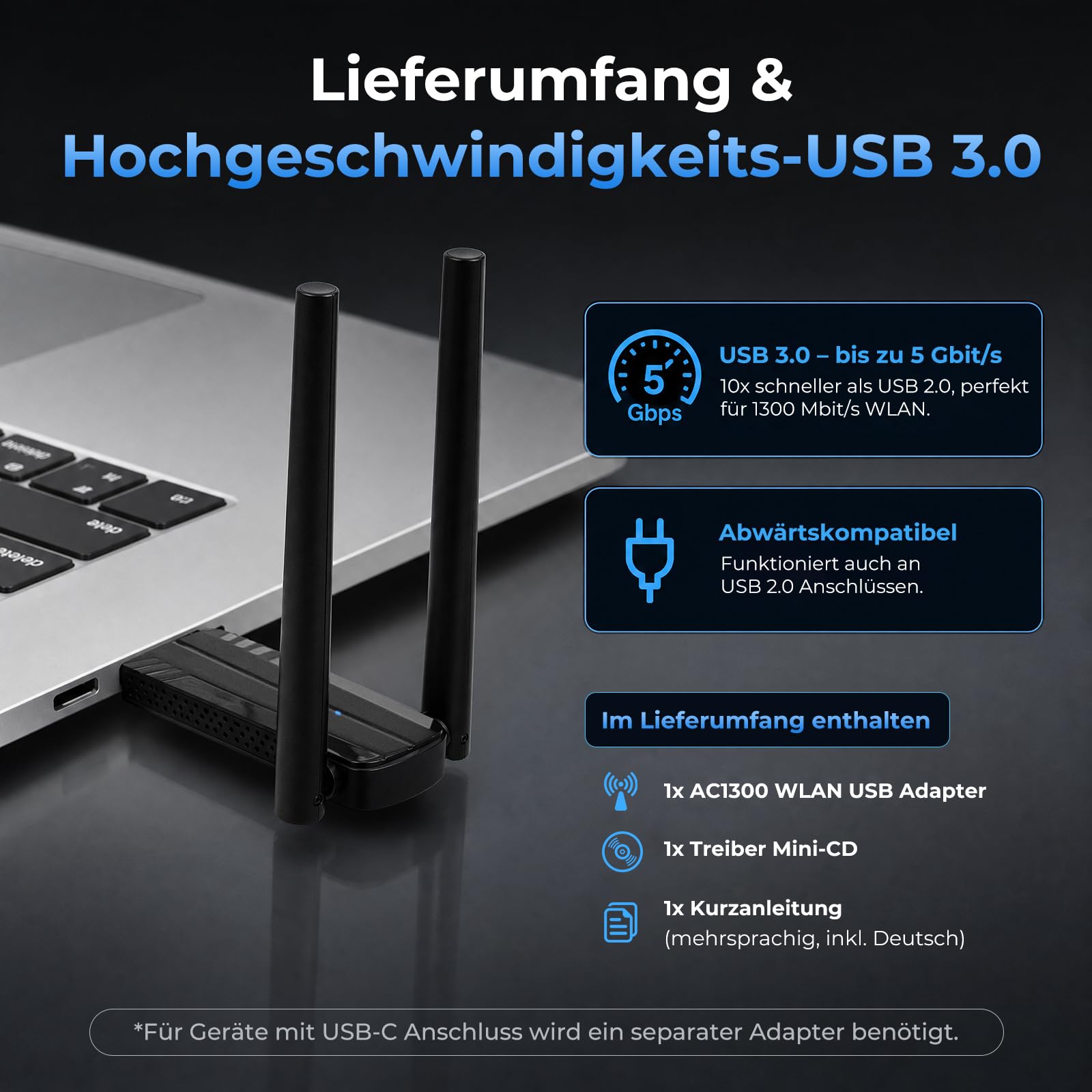 Adapter WLAN dla komputera — adapter WiFi 1300 Mbps dwupasmowy 2,4 GHz/5,8 GHz USB 3.0 z 2 antenami 5 dBi, dla komputera stacjonarnego/laptopa, kompatybilny z systemami Windows 11/10/8/7/Vista/XP, Mac