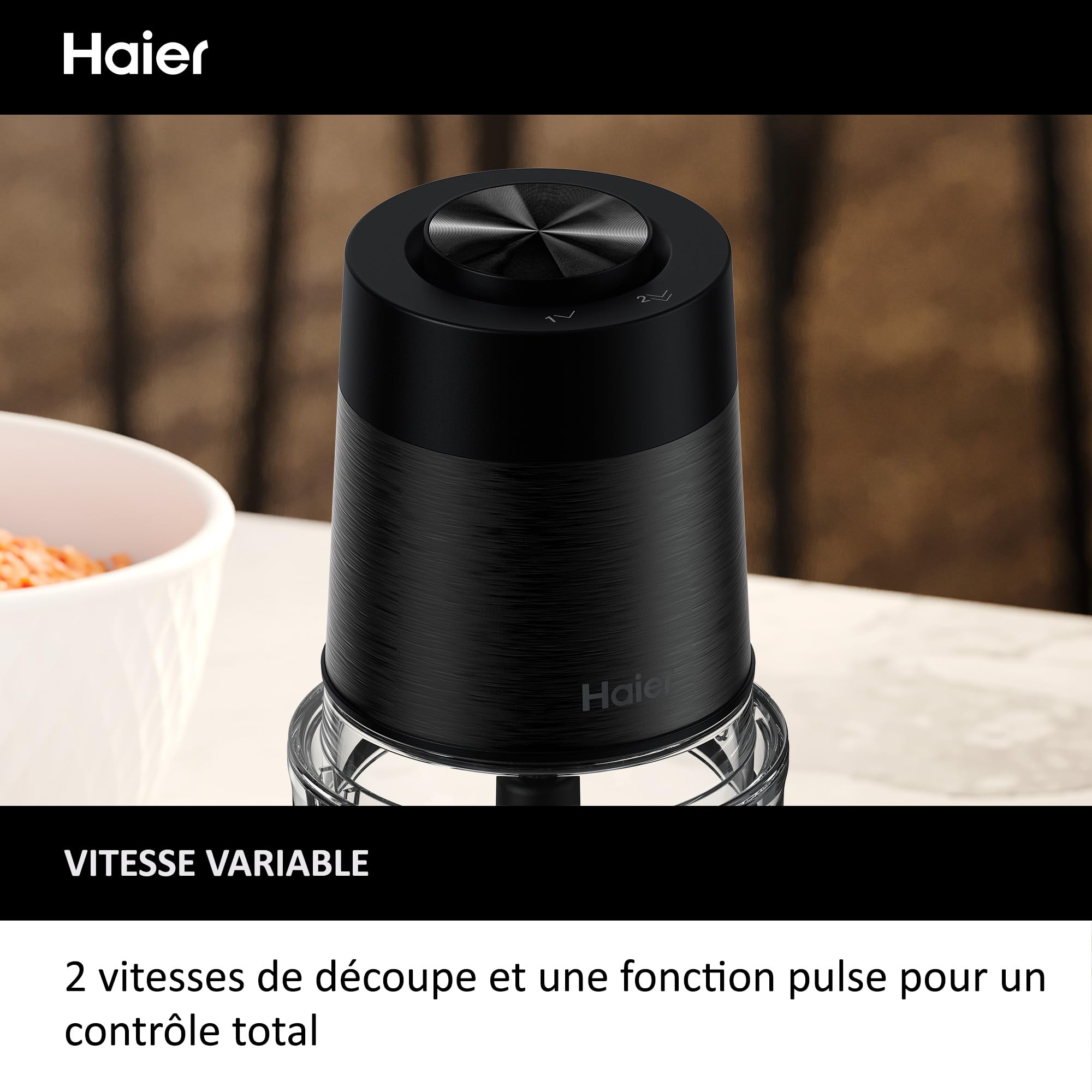 Haier I-Master Series 5 Mini-Hachoir, Puissant 550W, 2 Vitesses, Hachoir de Légumes, Base Antidérapante, Bol en Verre de 0,5L [Noir]