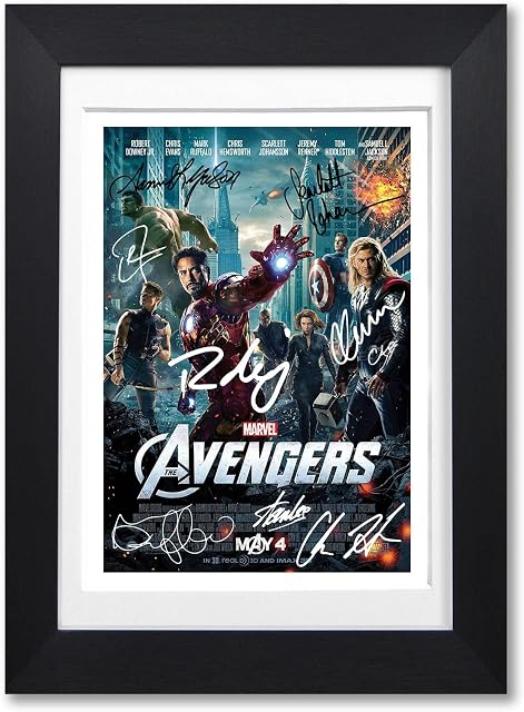Mounted Gifts Marvel The Avengers Cast Signed Movie Poster Autograph A4 Photo Print Framed Boxset Memorabilia Gift 2012 Film (A4 POSTER ONLY),Black