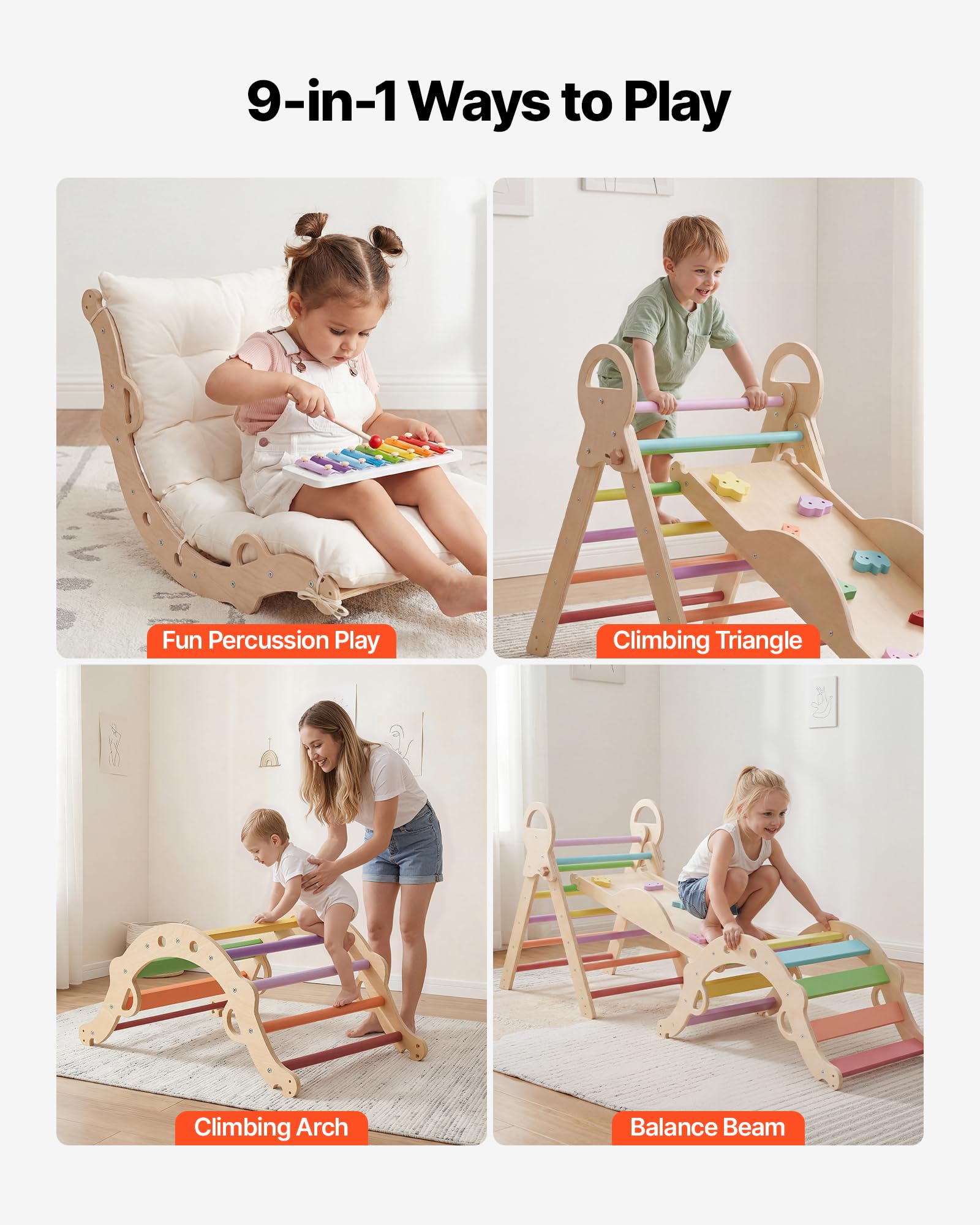 VEVOR Set Triangolo Pikler Struttura Arrampicata 9 in 1 per Bambini Piccoli, Portata 68 kg uso Interno, con Xilofono Cuscino Triangolo Arco e Rampa, Set Montessori Pieghevole per Crescita Equilibrio
