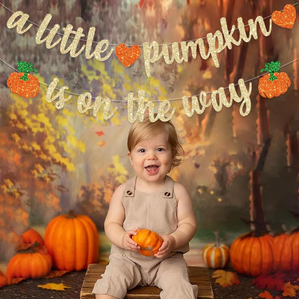 Pre-Strung Pumpkin Fall Baby Shower Banner Decorations A Little Pumpkin is On The Way Gold Glitter Birthday Party for Party Supplies Thanksgiving Fall Theme Gender Reveal Supplies NO DIY