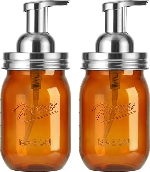 Amolliar Plastic Mason Jar Foaming Soap Dispenser Pump Lid, 16oz Foam Soap Dispenser with Cute Lables - Amber Refillable Hand Soap Dispenser for Bathroom Kitchen Shower 2 Pack, Silver