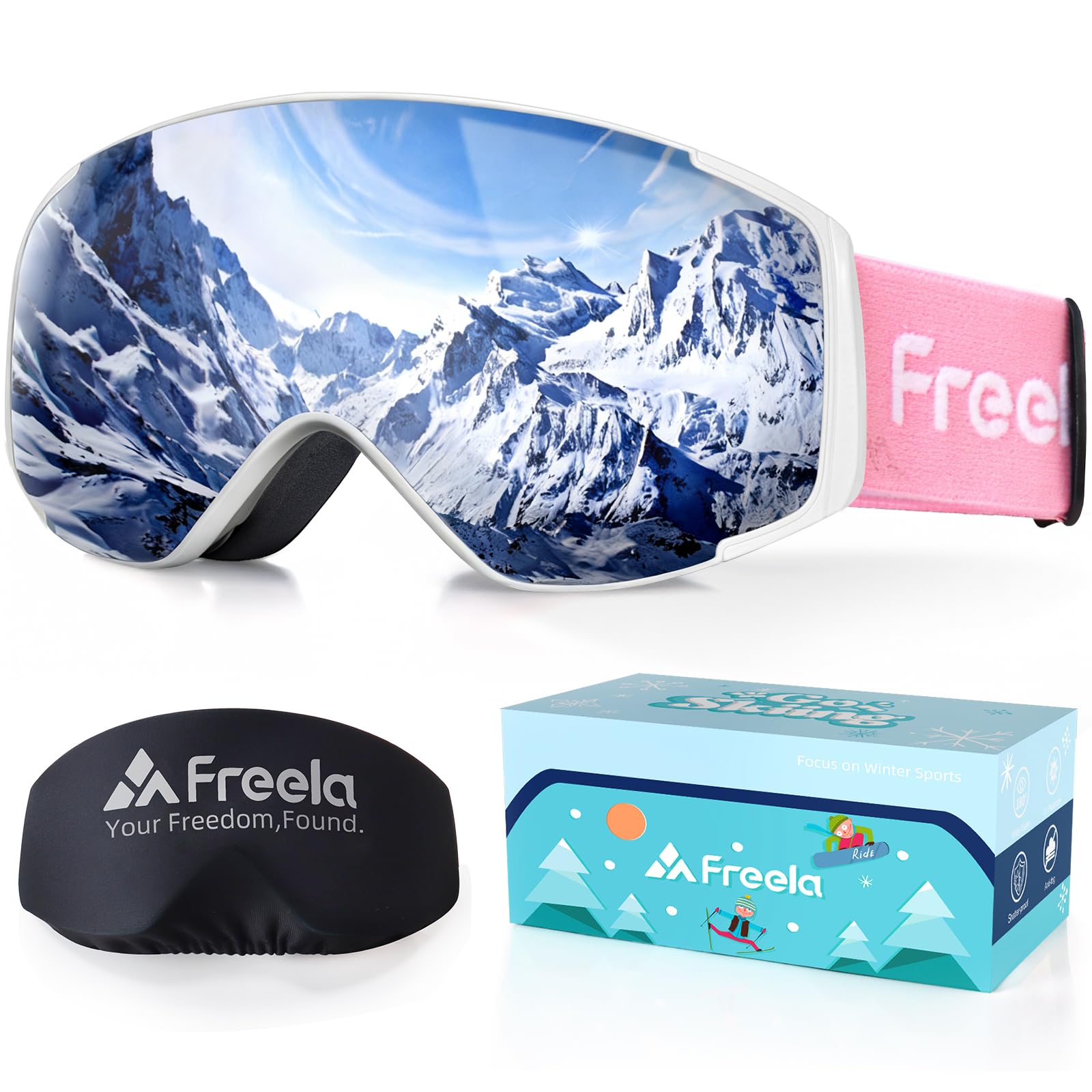 Freela Lunettes de ski et de planche à neige pour enfants (3-14 ans) - Lunettes anti-buée et anti-UV pour filles et garçons