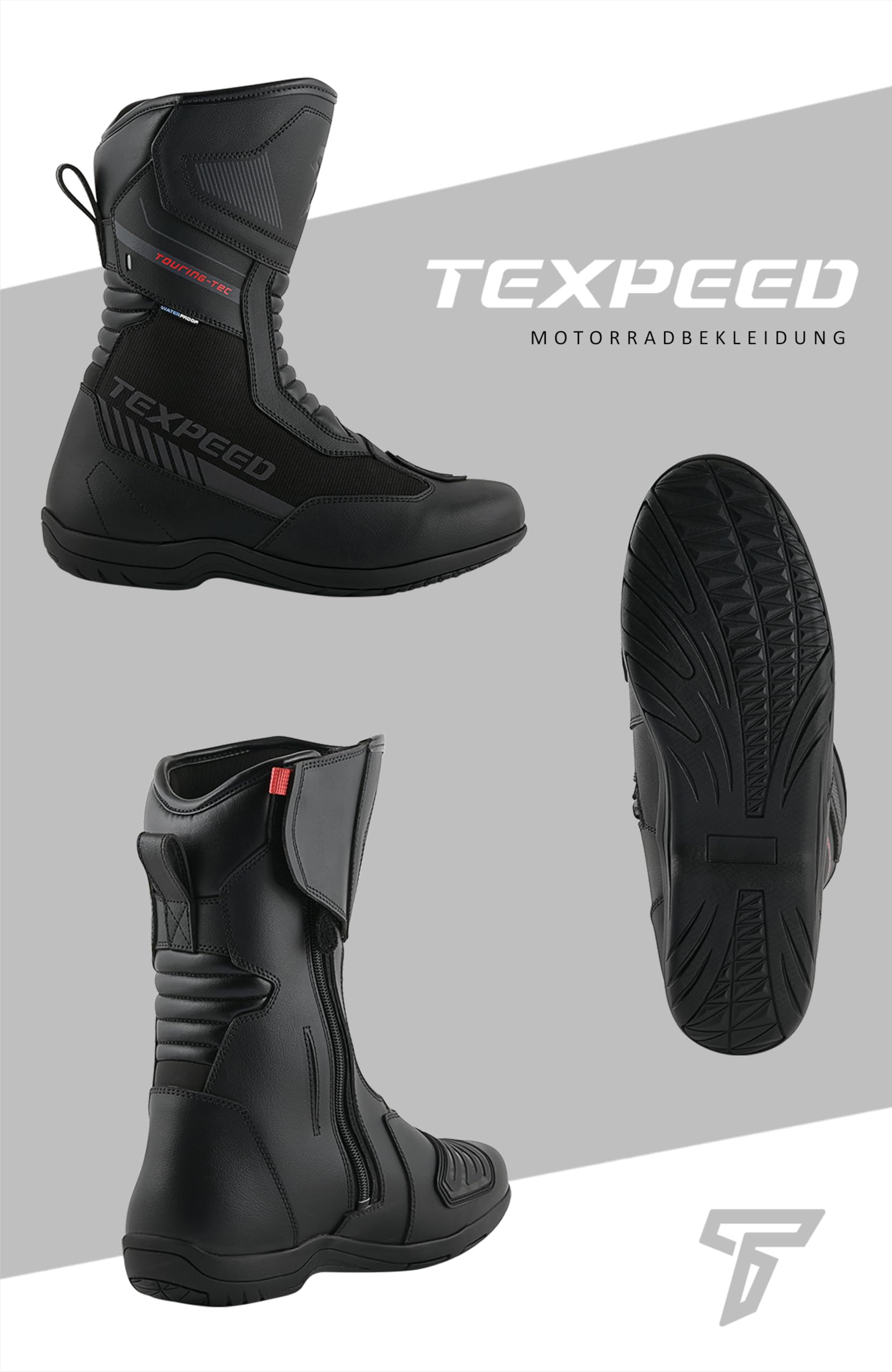 Texpeed Motorradstiefel Herren Leder – Titex, 100% wasserdicht, kurzer Schaft, CE-geprüft, Touring-Bikerschuhe – Schwarz - EU 44