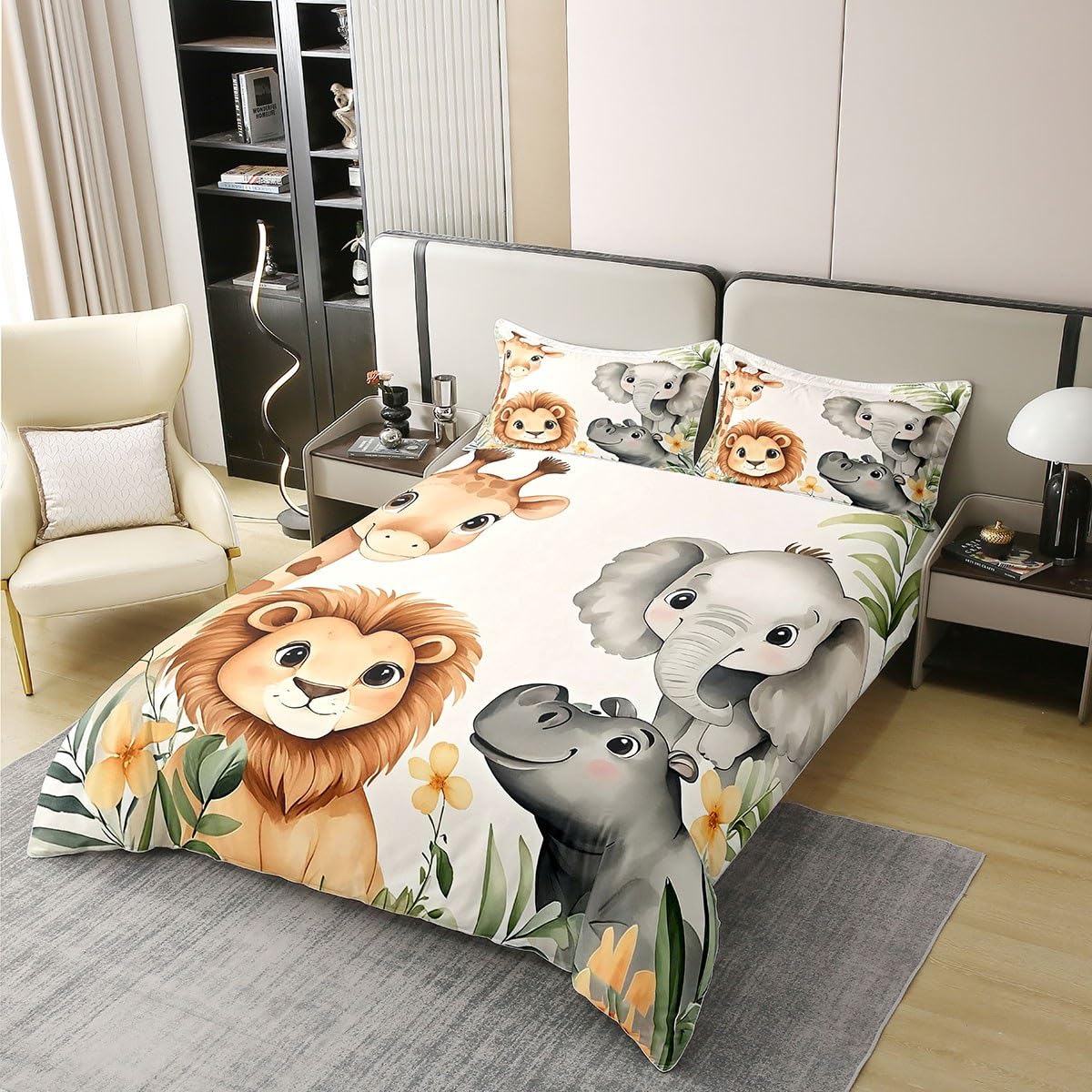 Homewish Safari zestawy pościeli ze zwierzętami, rozmiar king size, dżungla, zwierzęta, bawełna, poszewka na kołdrę, dzika przyroda, zoo, słoń, lew, poszewka na kołdrę dla dzieci, chłopców, dziewcząt