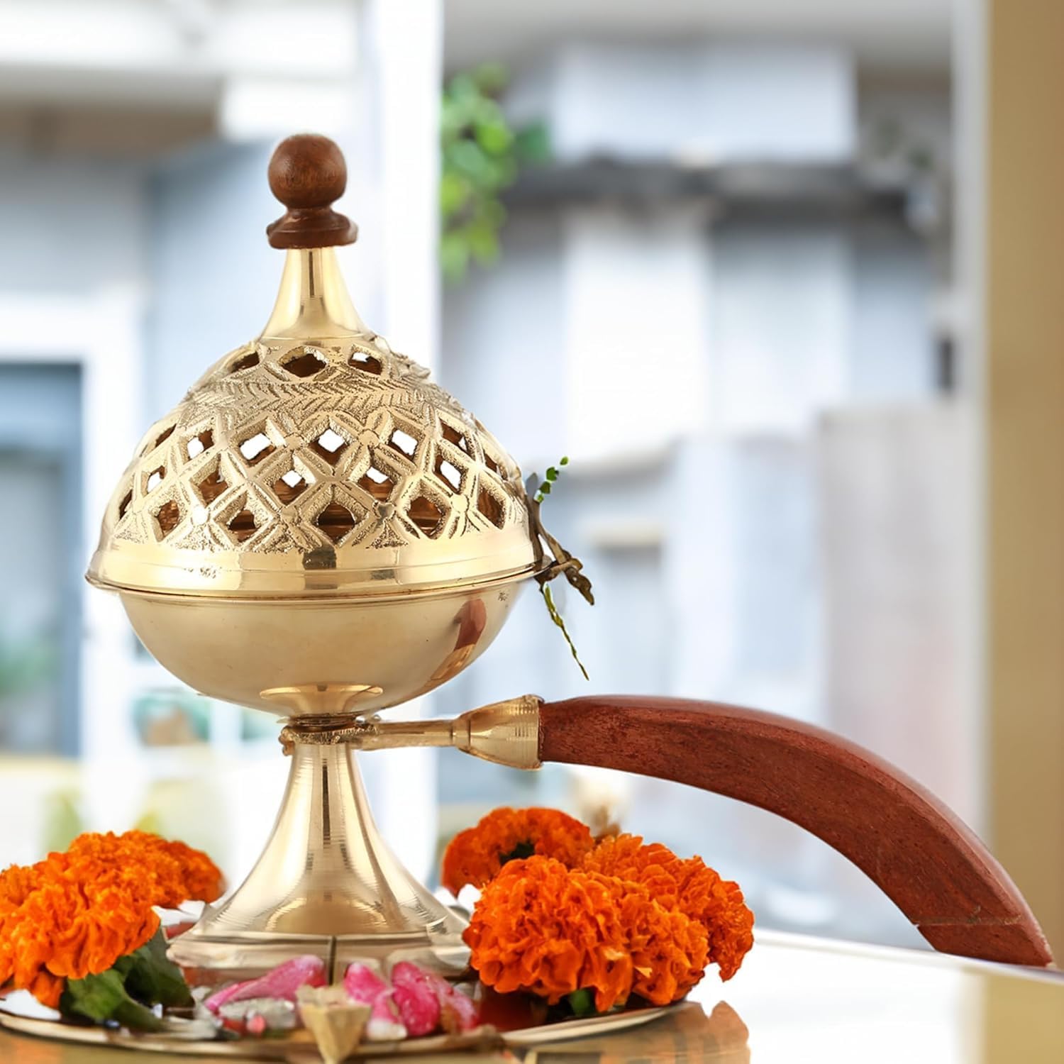 Brass Dhuna Loban Burner with Wooden Handle Dhoop Dani Dhooni Decorative Insence Burner Holder (7 Inch)™