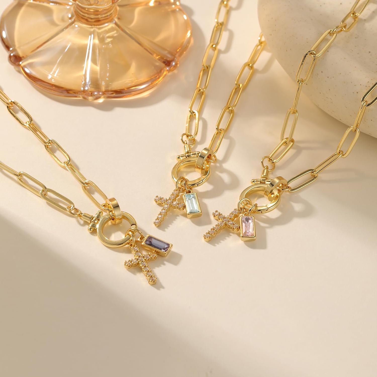 Paperclip Birthstone Cross Charm Necklace for Women, Gold Plated Dainty Layered Chain, Personalized Initial Gift, Christian Jewelry, Faith Cross Pendant, Birthday Anniversary Mother's Day Gift