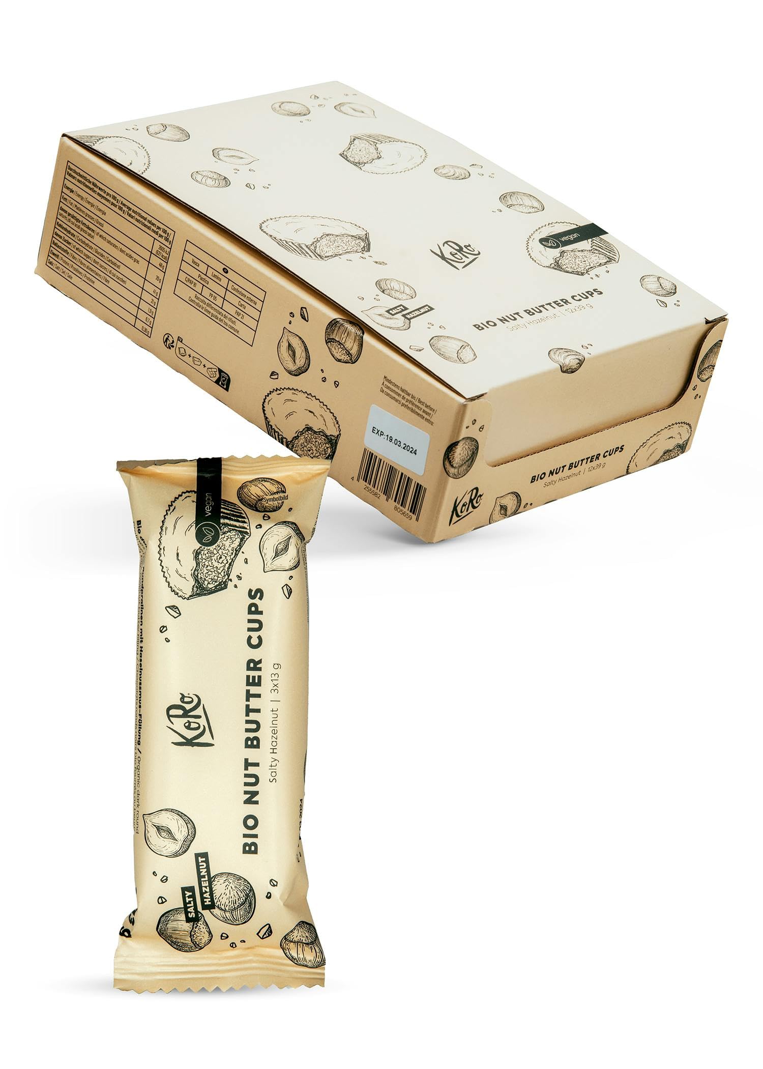 KoRo - Nut Butter Cups noisettes bio salées 12 x 3x13g - Chocolat croquant - Crème de noisettes grillées - Vegan