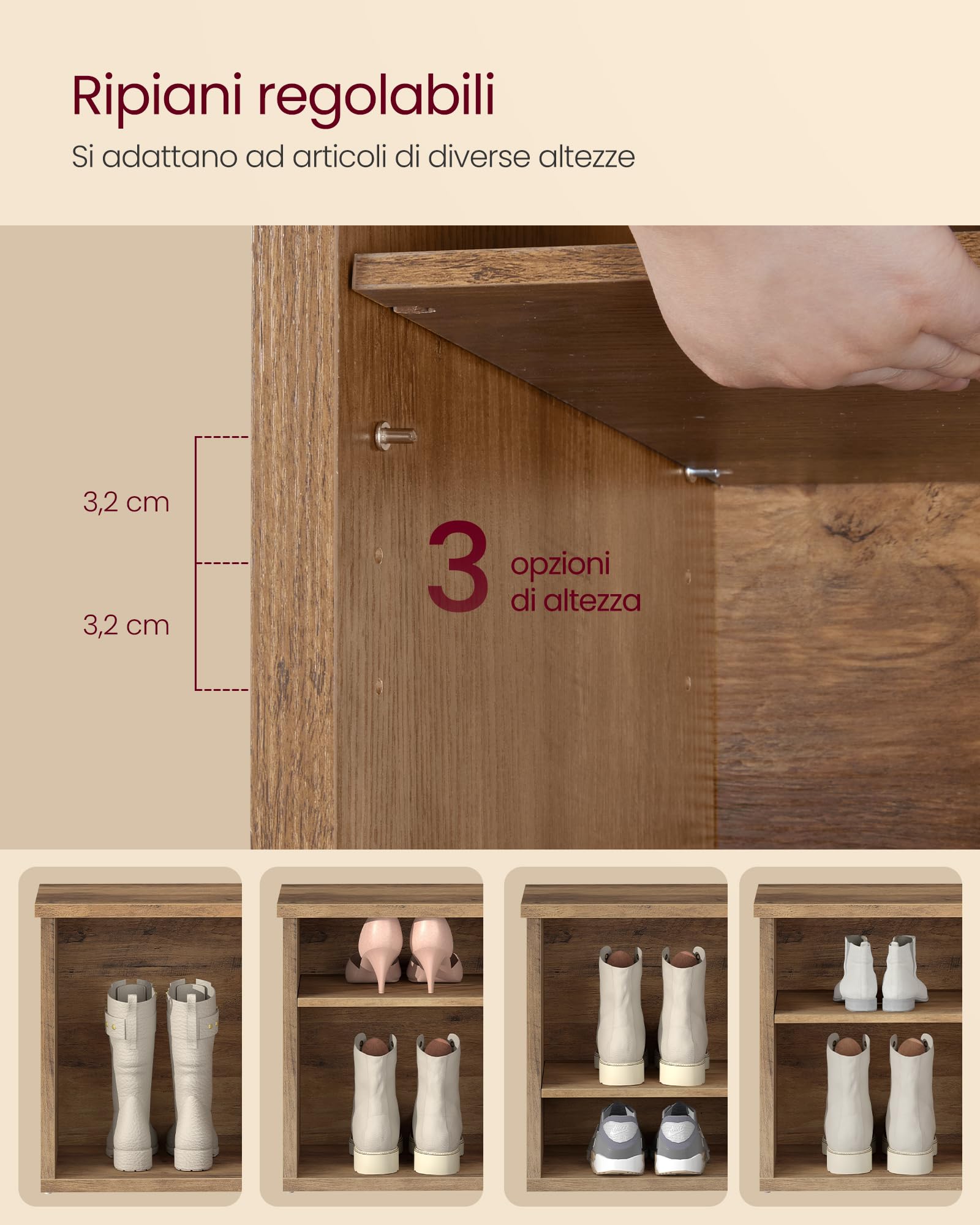 VASAGLE Panca Scarpiera, Scarpiera Ingresso, 6 Scomparti, Ripiani Regolabili, per Soggiorno Corridoio, 29,5 x 100 x 50 cm, Marrone Miele LSB036K01