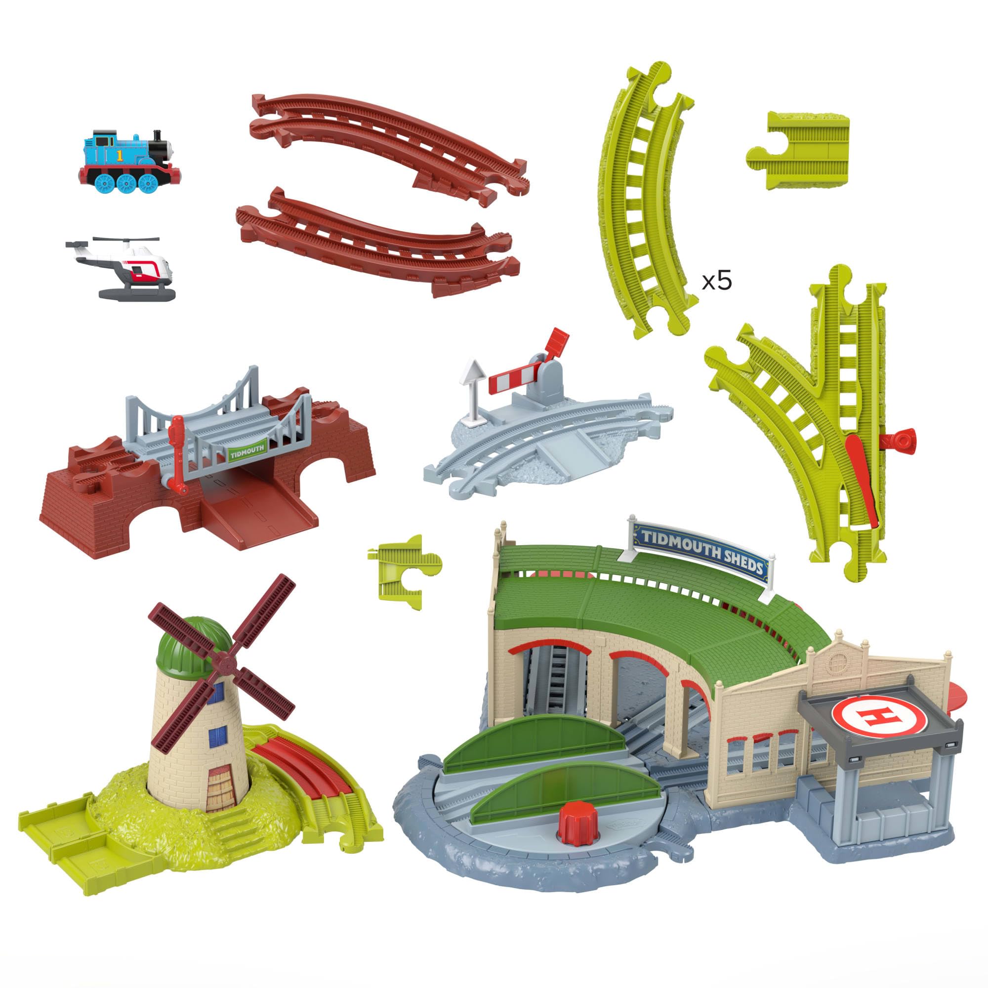 Fisher-Price Thomas y Sus Amigos Conjunto de Trenes de Juguete, Aventura en Las cocheras de Tidmouth con una Locomotora Thomas y Harold el helicóptero, Incluye Plataforma giratoria, JRW06