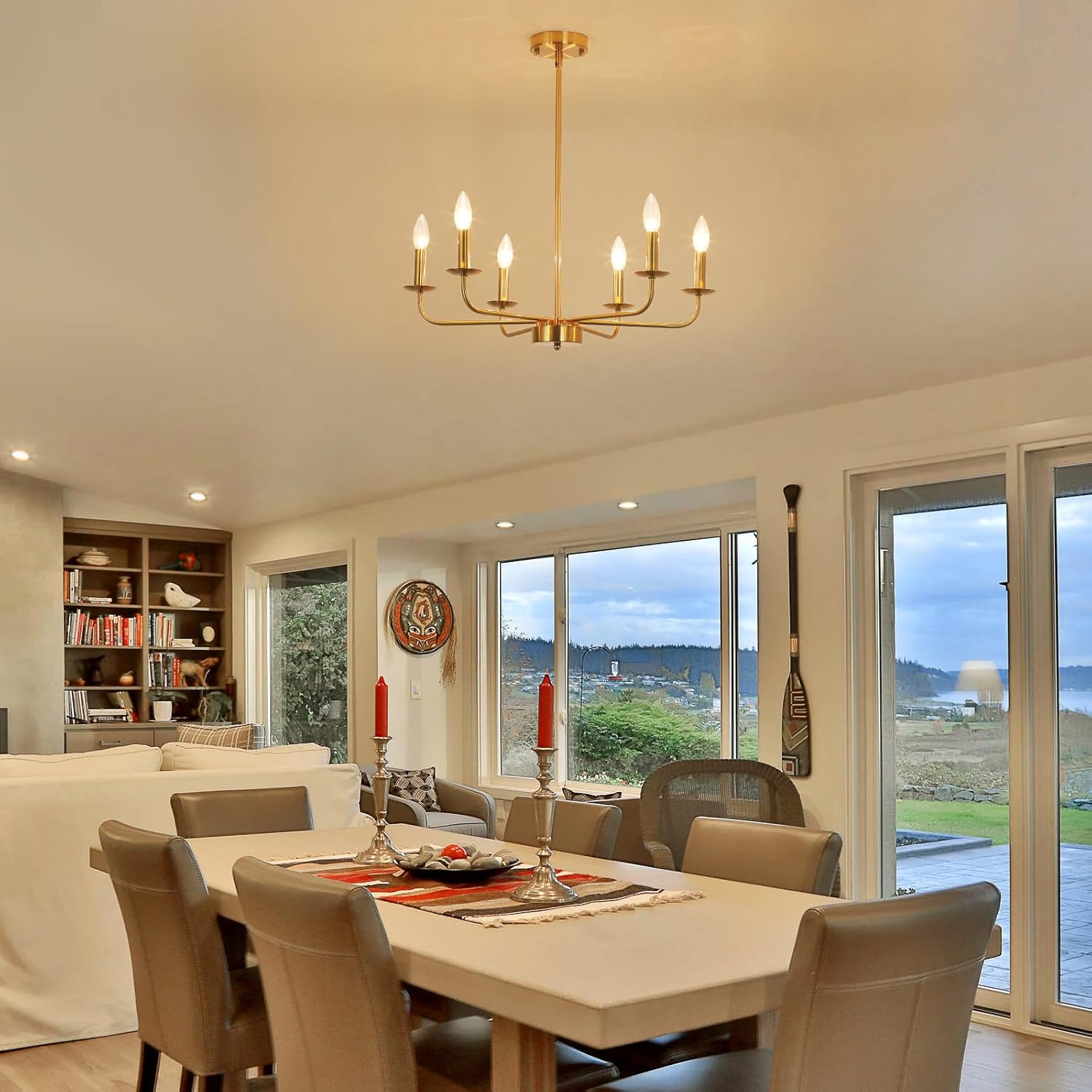 Modern Farmhouse Gold Chandelier for Dining Room, 6 Lights Rustic Candle Gold Chandelier Light Fixture Adjustable Height Ceiling Hanging Lighting for Living Room, Kitchen, Entryway, Foyer