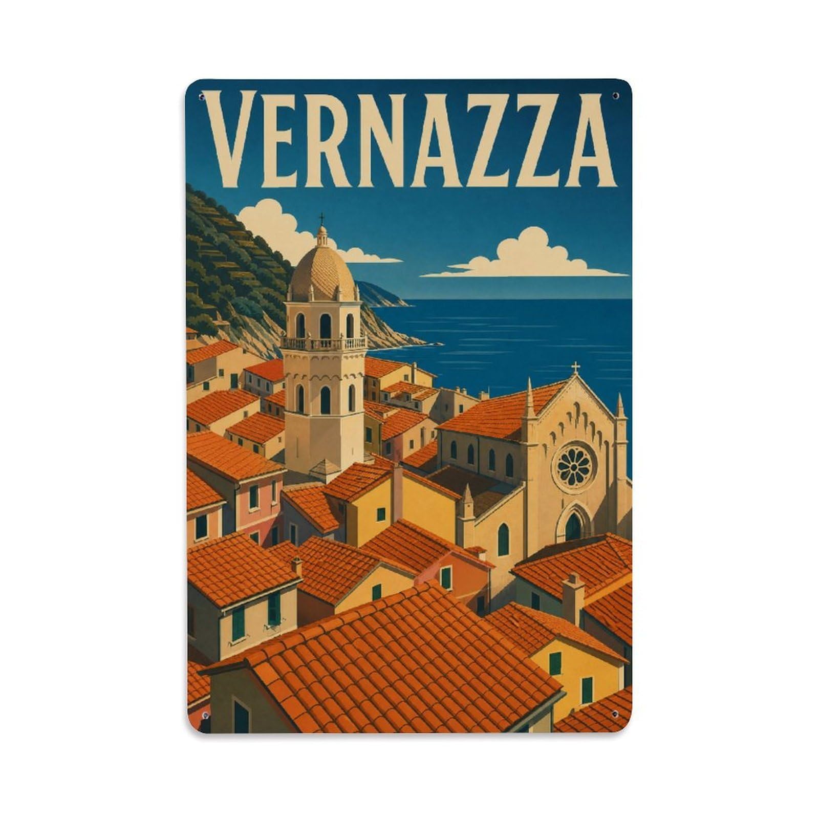 Huiyhb 8X12inch(20X30cm) Vintage Travel Vernazza Rooftops Terracotta Tiles Italy Metal Tin Sign