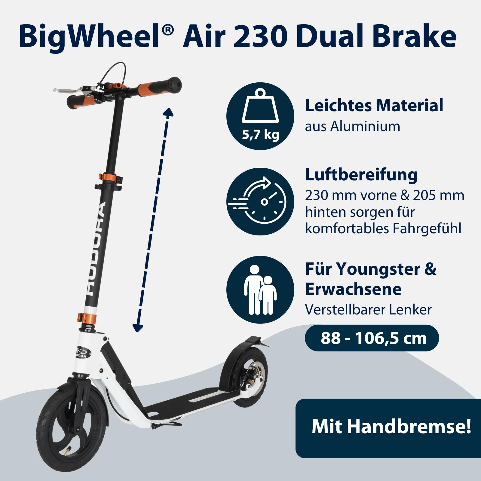 HUDORA BigWheel Air 230 Scooter - Tretroller mit/ohne Handbremse - Stabiler Aluminium-Roller mit Luftbereifung - Höhenverstellbarer Cityroller für bis zu 120kg