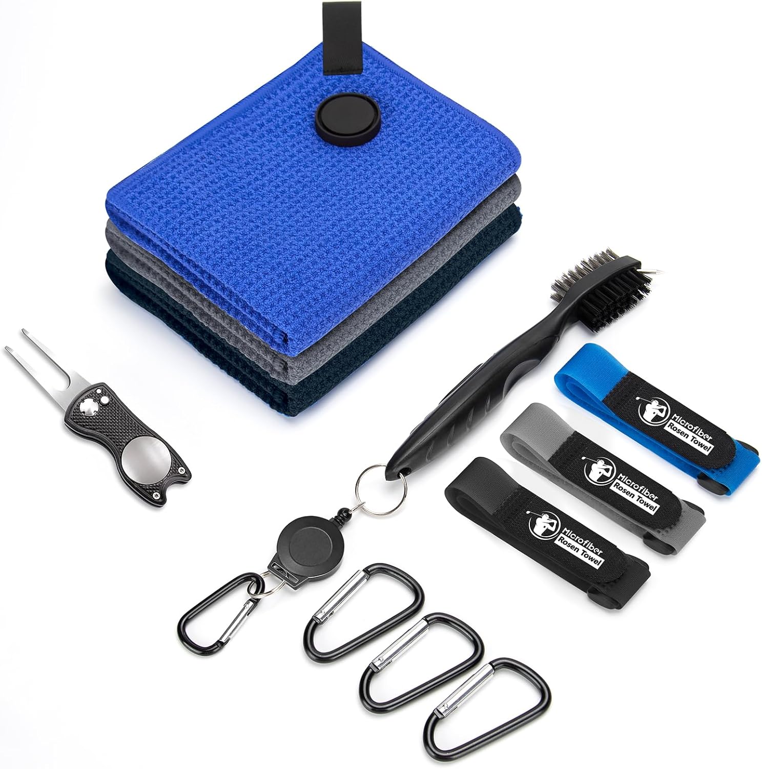 Magnetic Golf Towel, 3 PCS Microfiber Golf Towels with Brush and Divot Tool for Men, Industrial Strength Magnet Accessories for Strong Hold to Golf Bags, Carts or Clubs (Black Gray Blue)