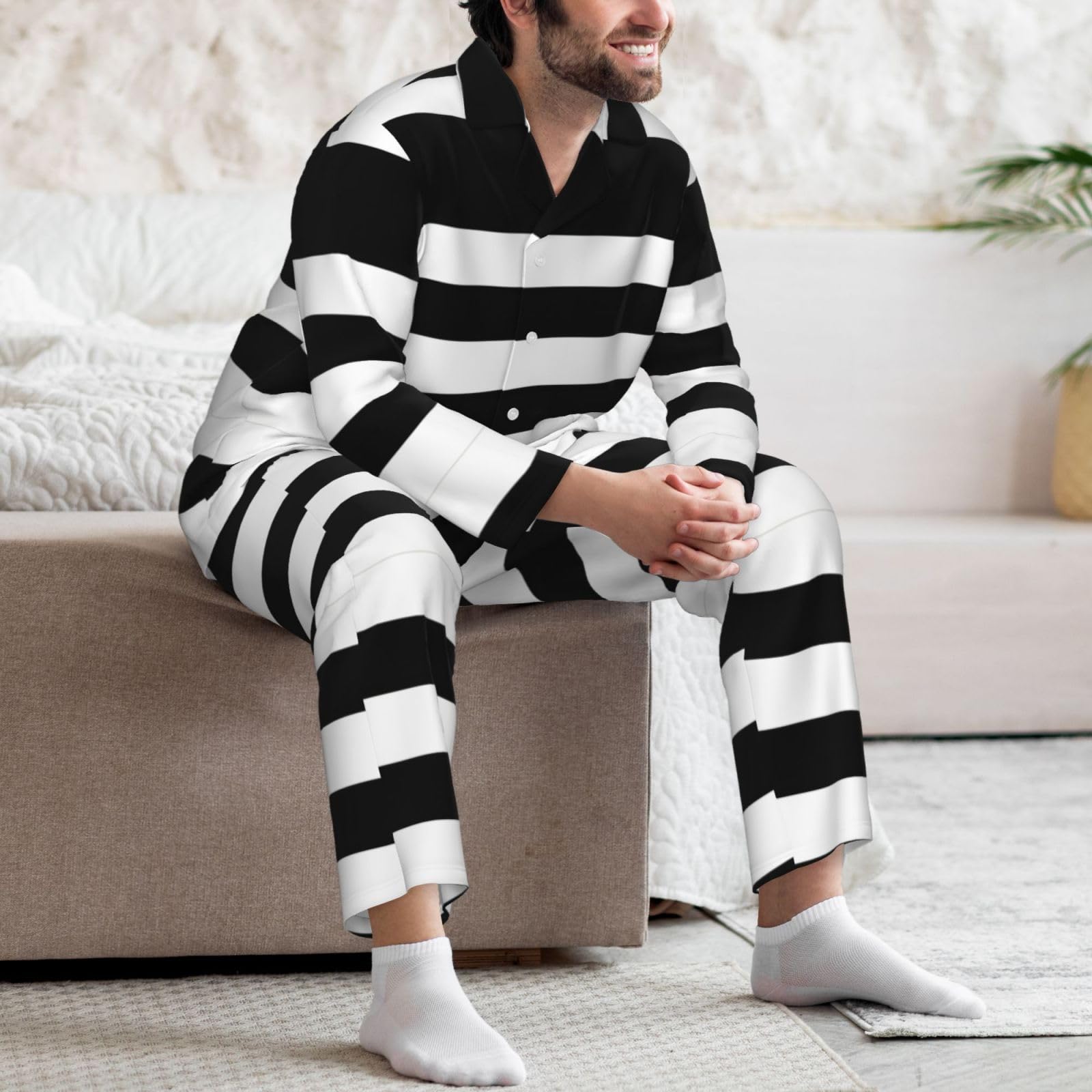 Indumenti durevoli per dormire a righe nere e bianche - Set pigiama da uomo in 2 pezzi - Set pigiama da uomo ideale per tutte le stagioni