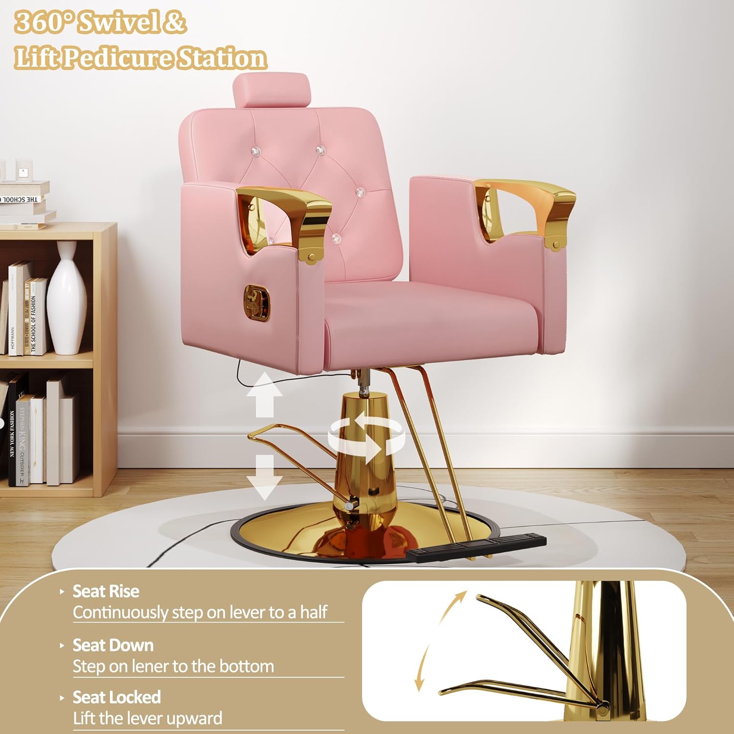 KIGOTY Salon Chair for Hair Stylist, Reclining Pink and Gold Salon Chair, Professional Styling Salon Chairs with Heavy Duty Hydraulic Pump, 440LBS