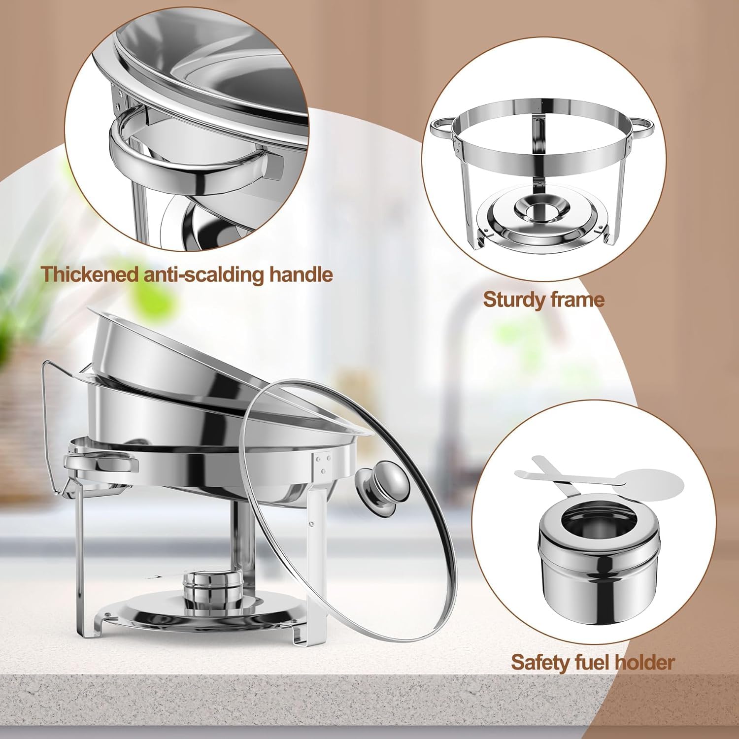 Set di 2 scaldavivande per buffet, in acciaio inox, 4.5 L Chafing Dish Buffet Rotondo Scaldavivande Rotondo in Acciaio Inox Contenitore,con Coperchi Pentole per Servire per Catering Ristoranti Feste