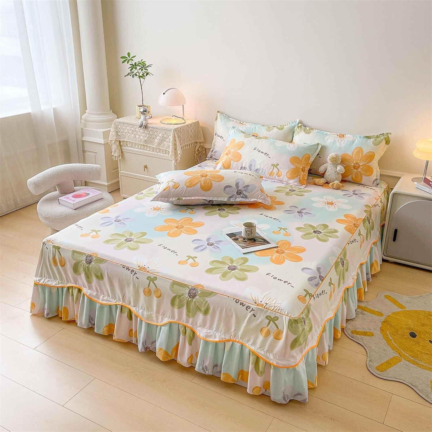 Jedwabiście gładka Kompletna falbanka na łóżko z drapowaną falbaną, kolekcja Home Decor(Floral,150x200cm)