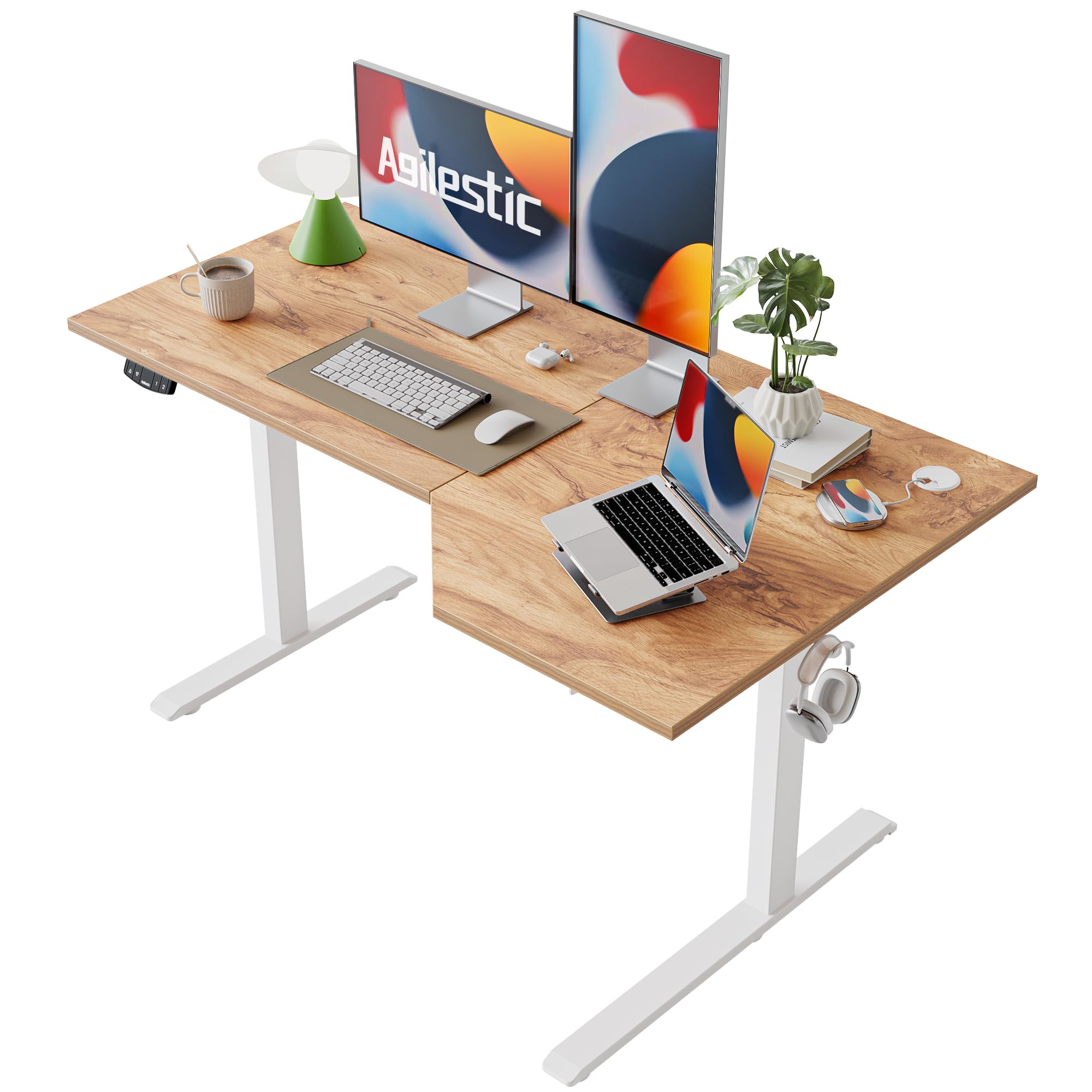Agilestic L-Shaped Electric Standing Desk, 150cm Height Adjustable Sit-Stand Desk for Home Office, Ergonomic Computer Desk with Spliced Board, Light Brown