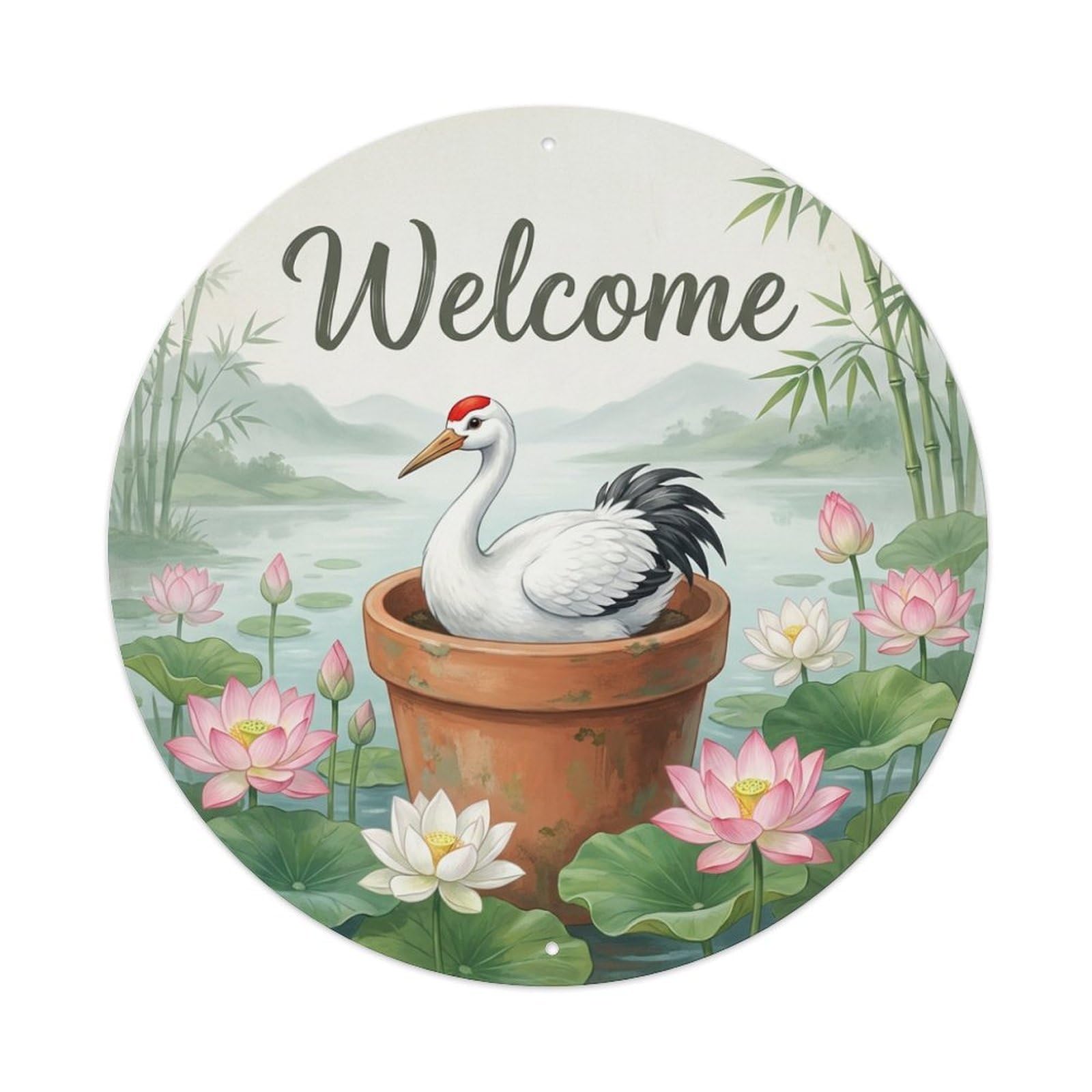 Metal Tin Sign Welcome Crane Water Lily Pond