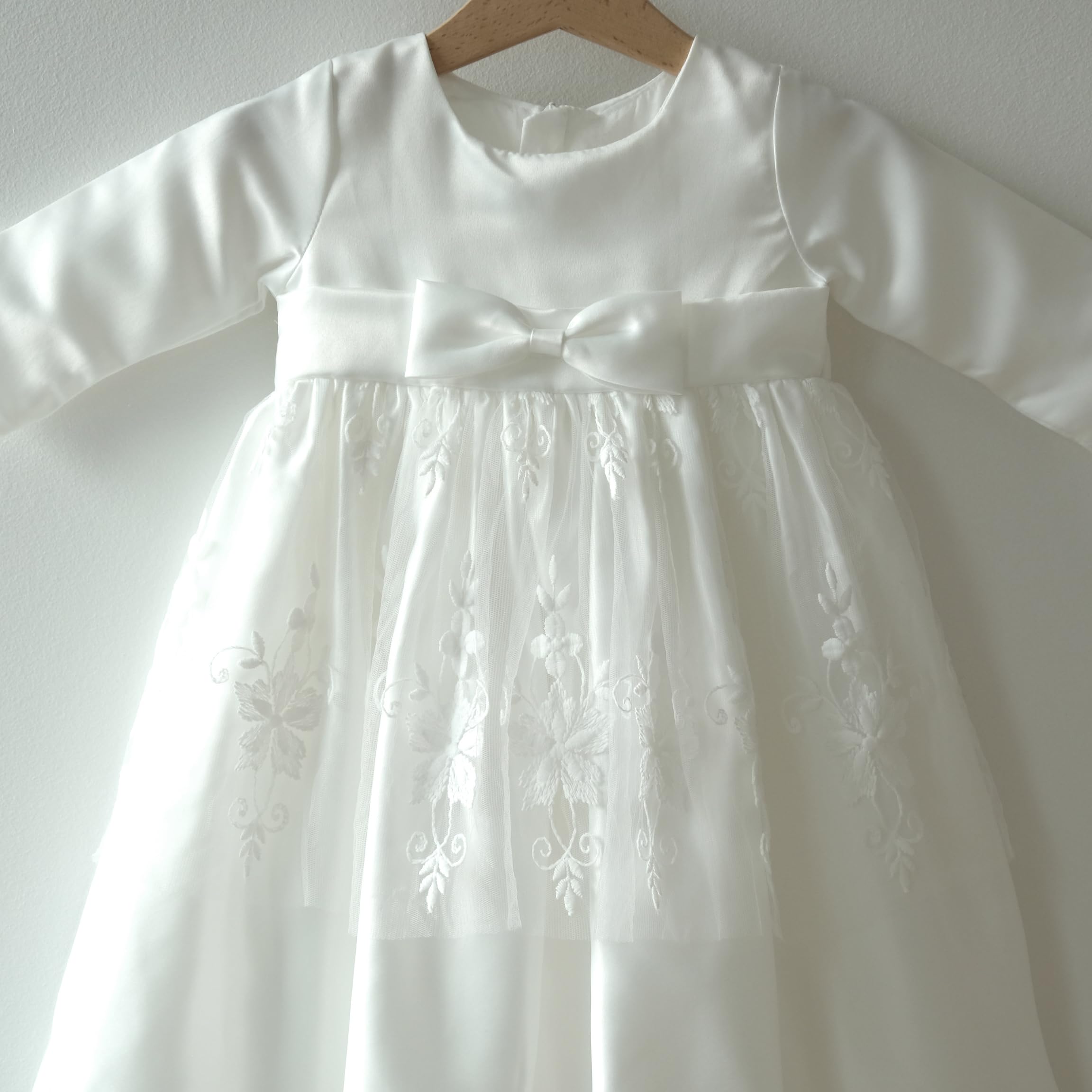 Taufkleid Langarm Satin Spitze Baby Mädchen Blumenmädchen M35