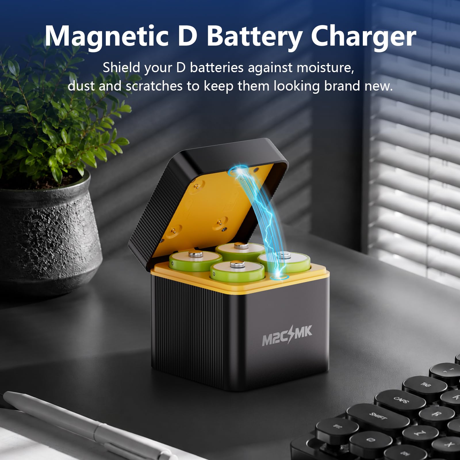 Paquete de 4 baterías recargables NiMH D de 10000 mAh con cargador | Baterías D recargables con cargador LED inteligente de 4 ranuras, entrada USB tipo C